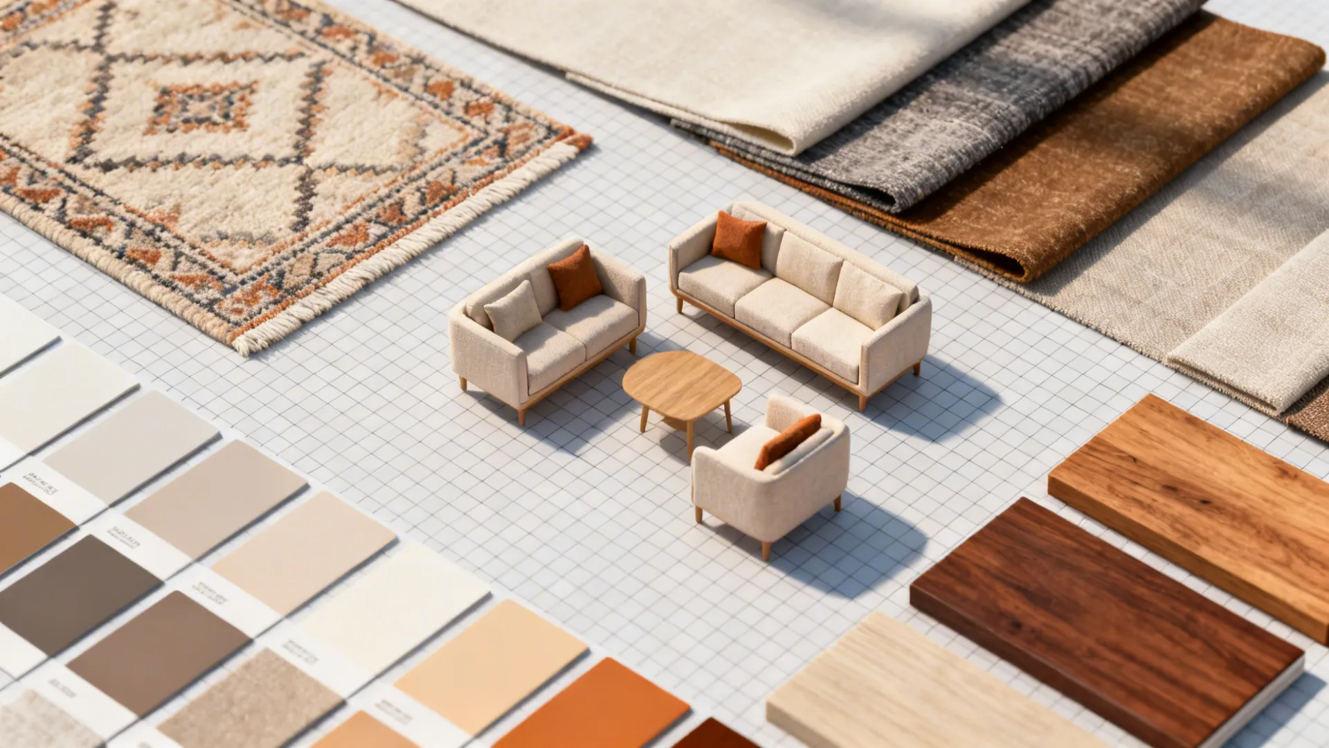 Flatlay of fabric, rug, and wood samples with a small seating layout model for planning