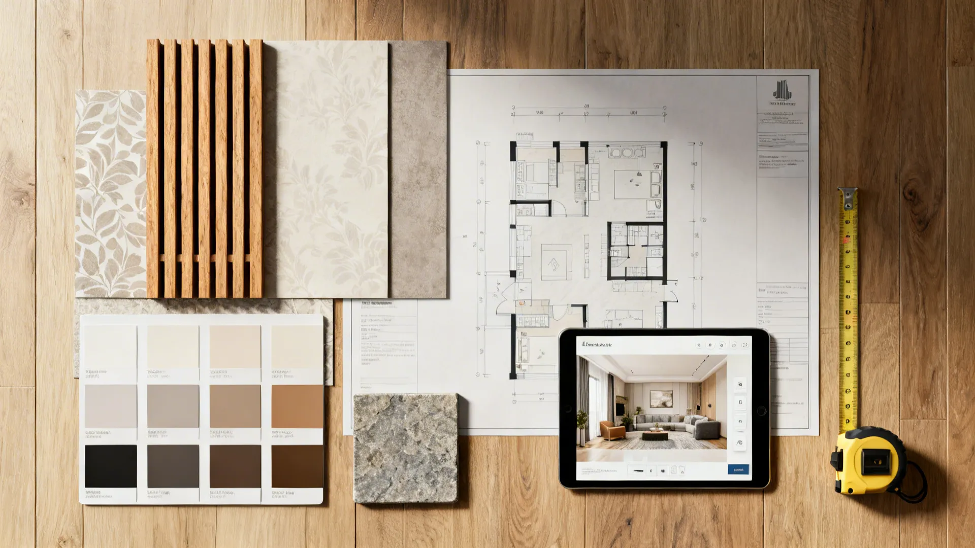 Top-down flatlay of material samples and a tablet room planner for wall treatment decisions.