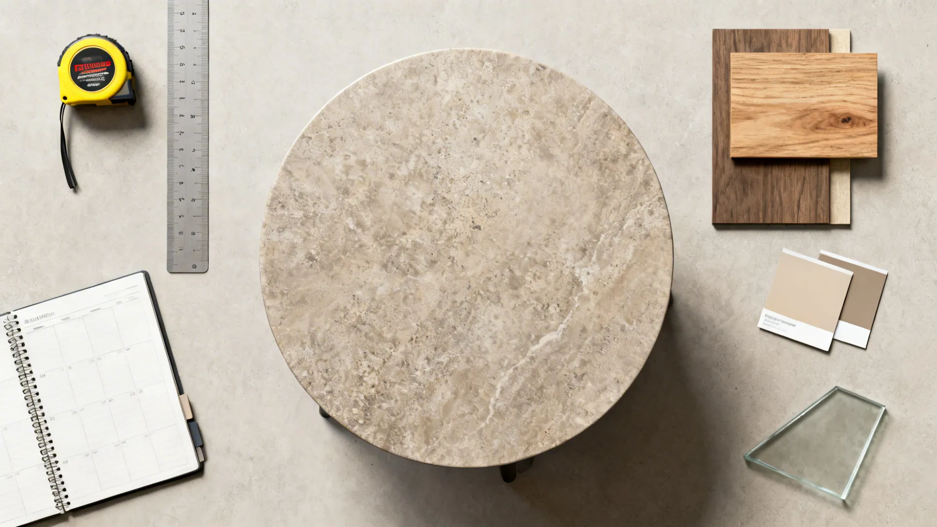 Top-down flatlay of measurement tools and material samples for choosing a round coffee table