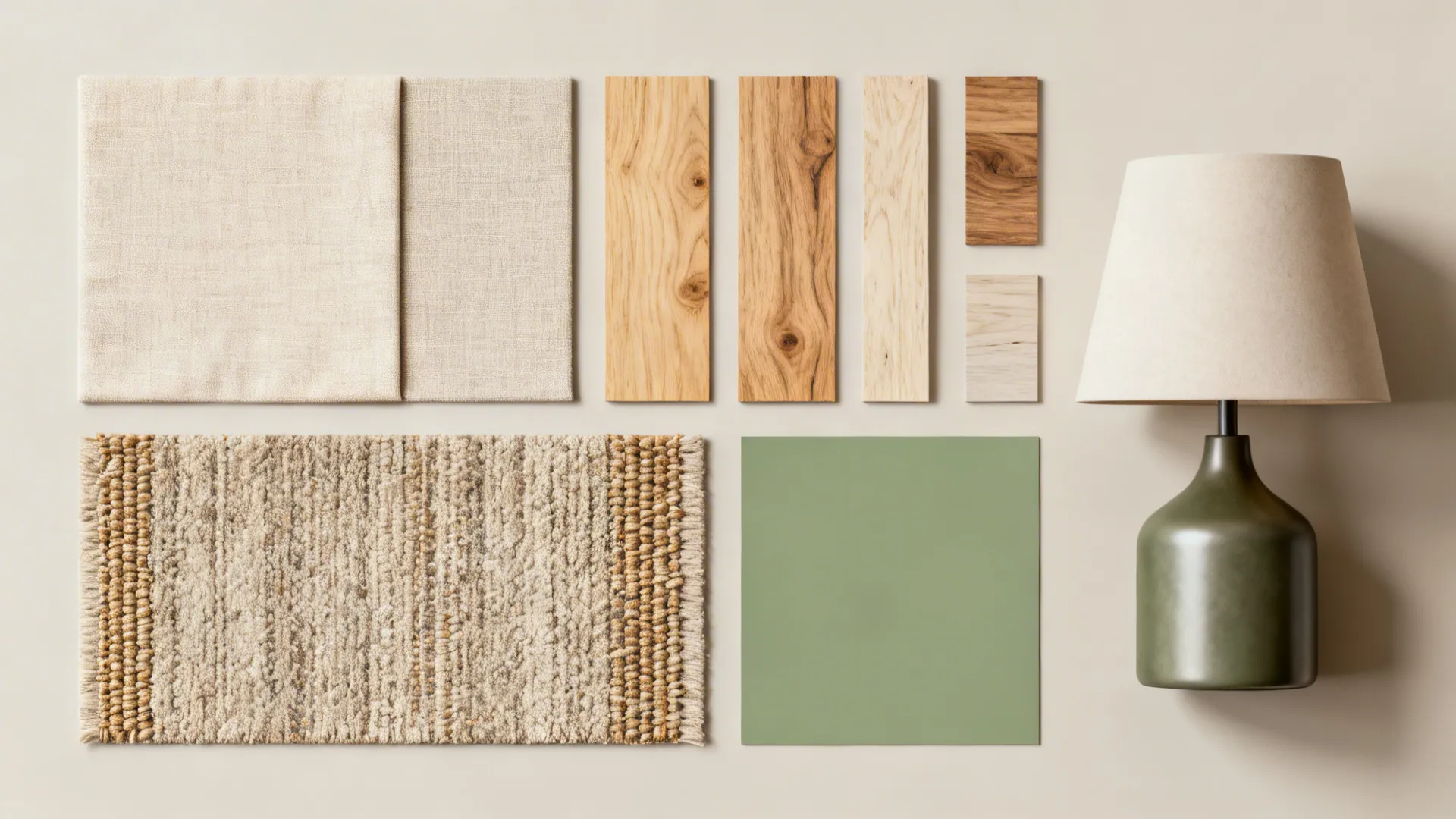 Flatlay of fabrics, wood samples, rug texture and accent color for a small living room palette