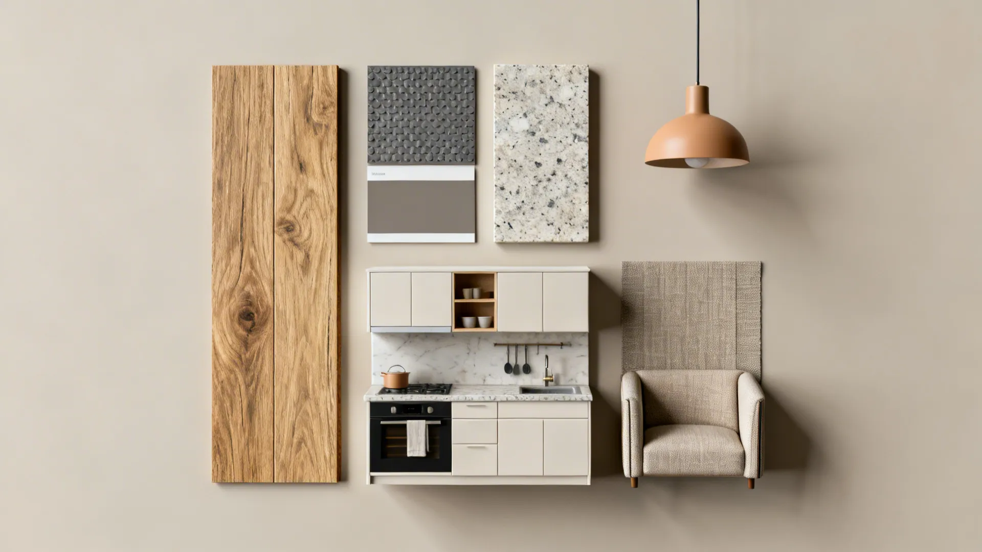 Interior design materials including wood panel stone tile orange ceiling light small kitchen and chair
