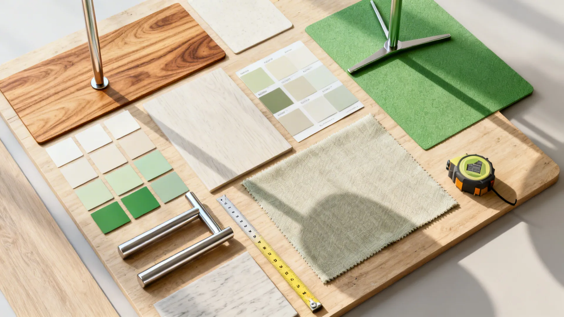 Flatlay of material swatches: wood veneer, metal legs, fabric and color chips for small tables.