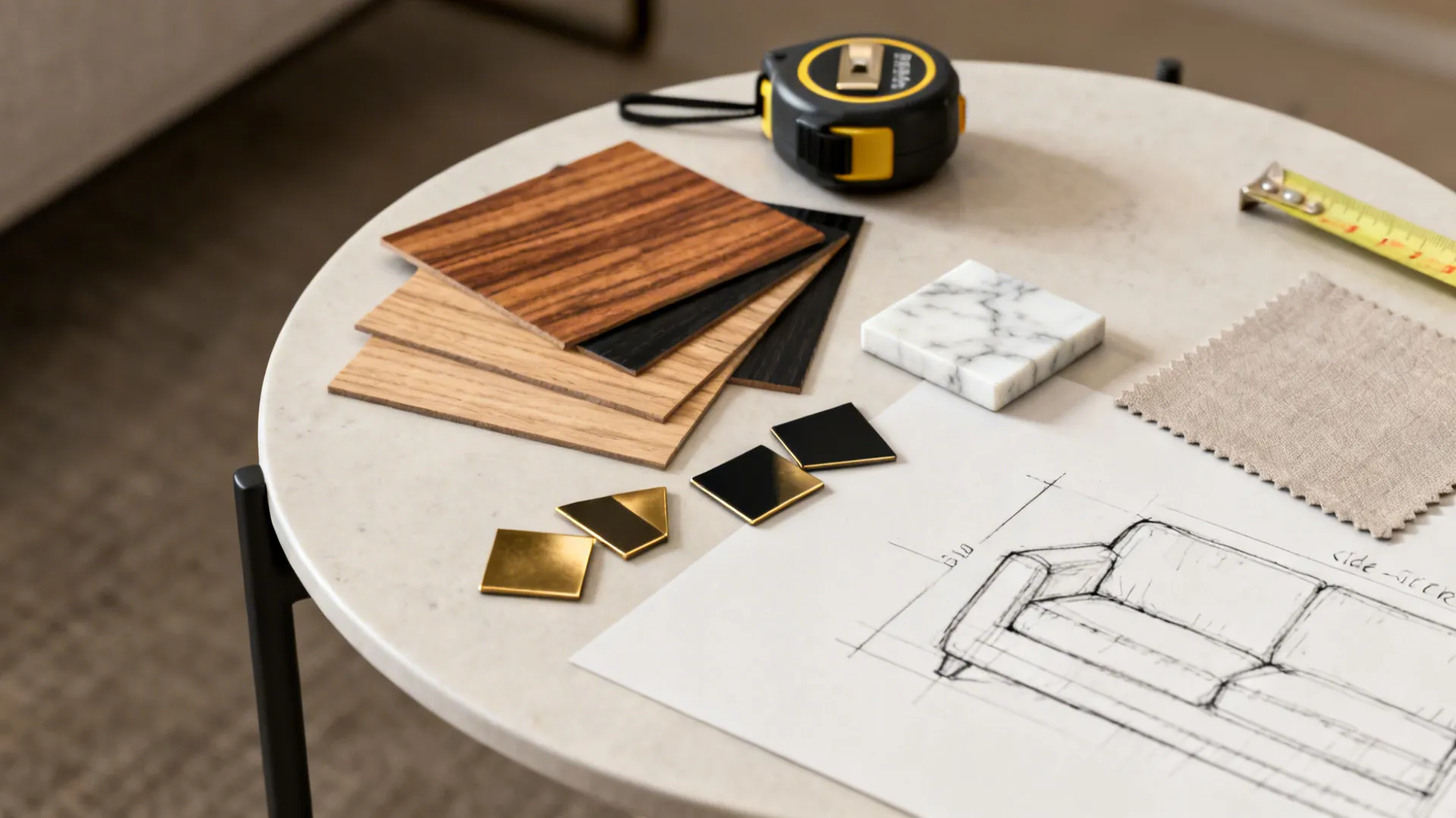 Flatlay of material and color samples for small side table styling including wood, metal, marble, and fabric swatches.