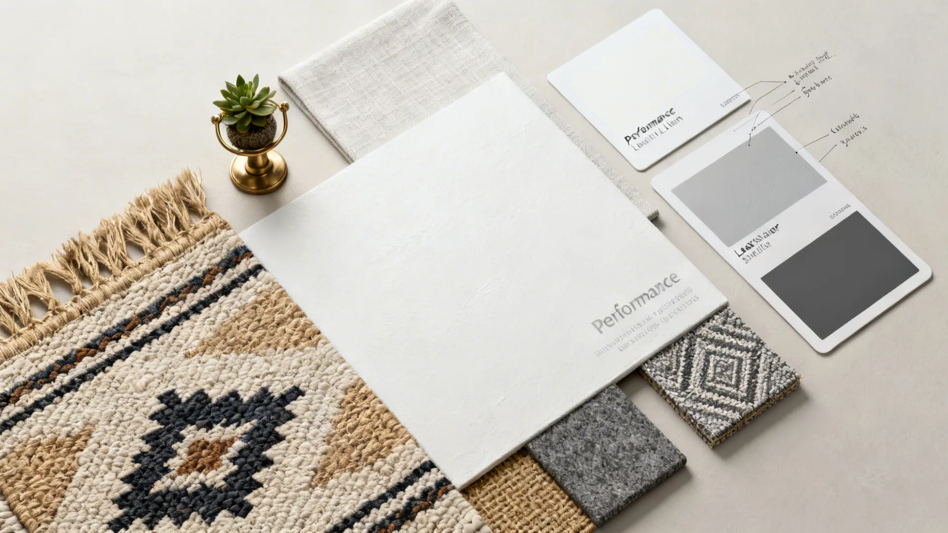 Collection of interior design material samples including fabric rug pieces and color boards on table