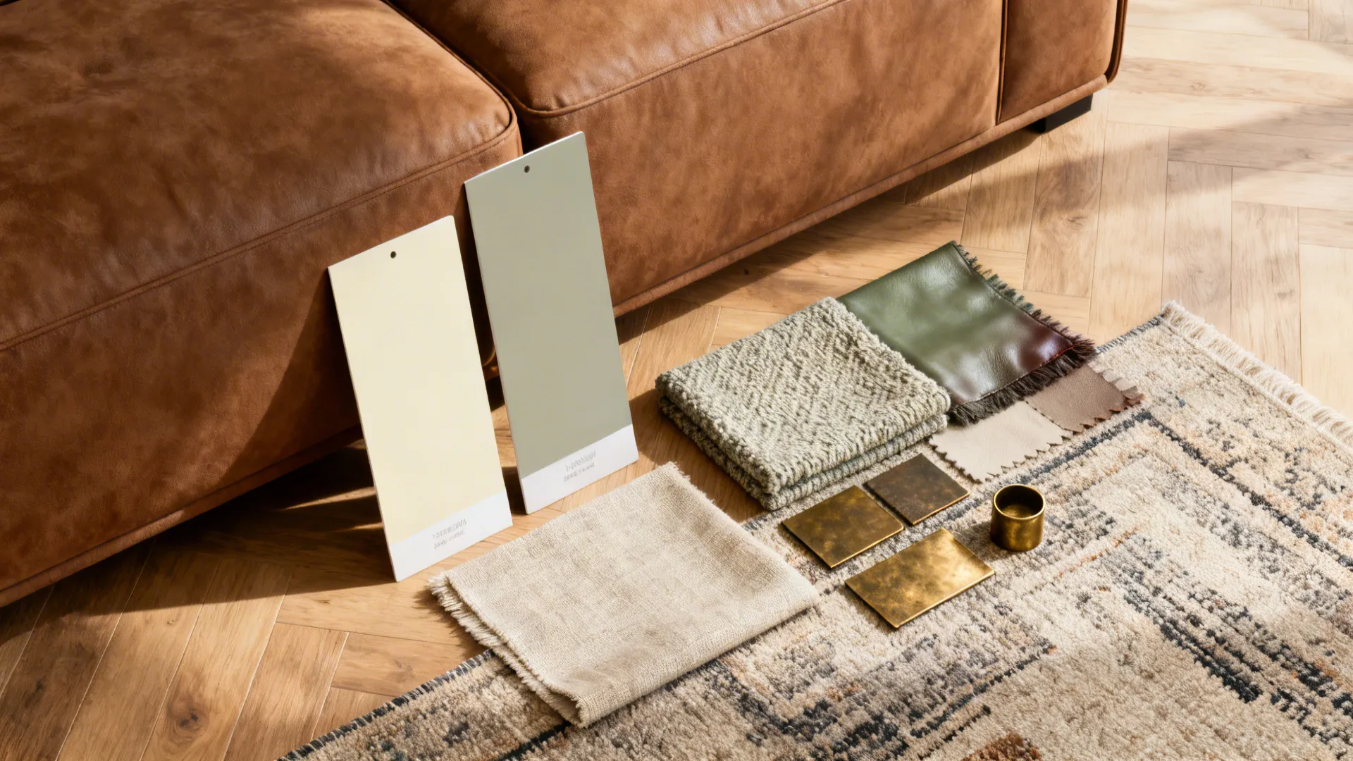 Flatlay of paint and fabric swatches, metal samples and rug samples for styling a brown sofa.