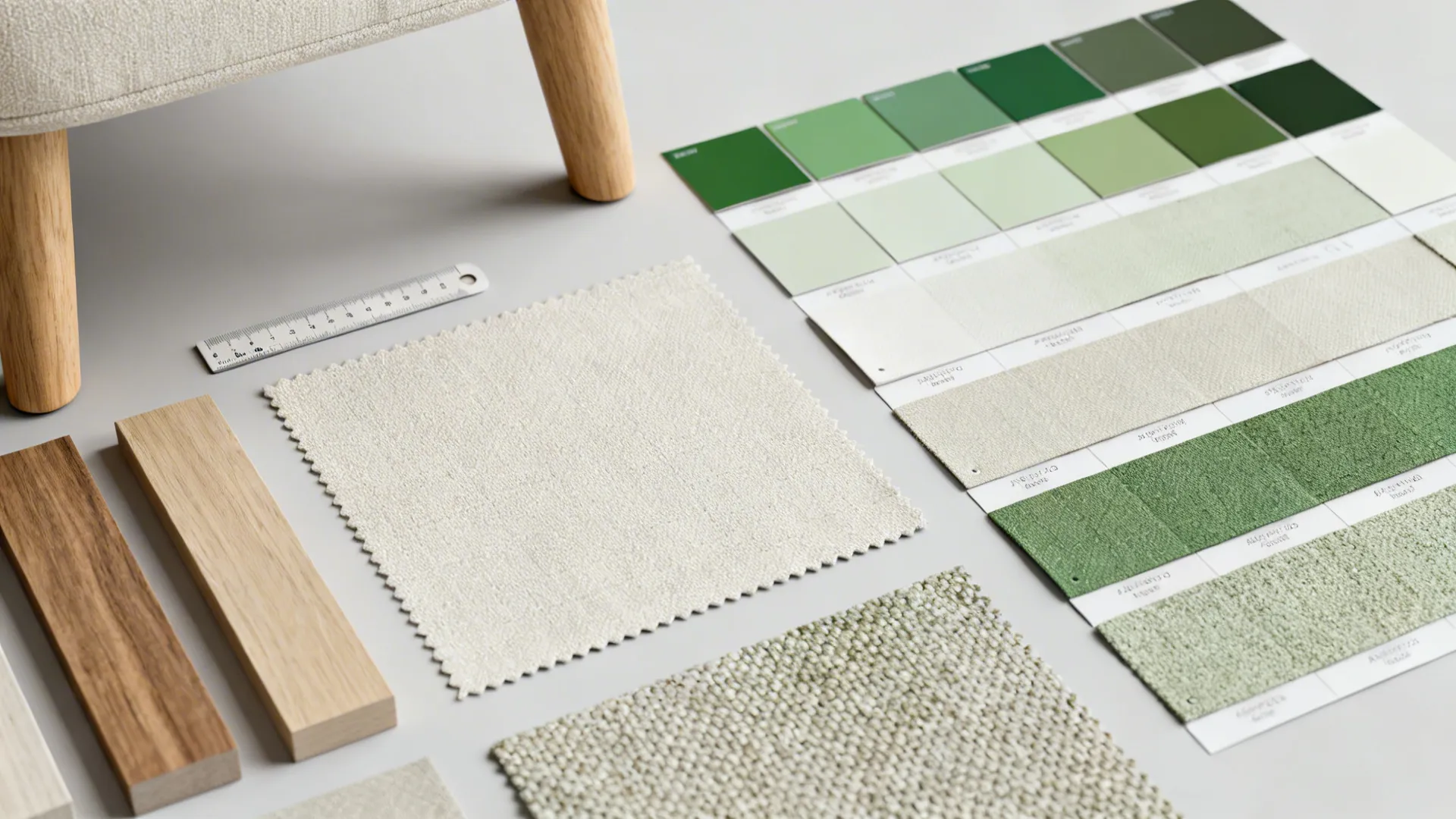 Flatlay of fabric swatches, wood samples, and scale for choosing recliner materials for small rooms.