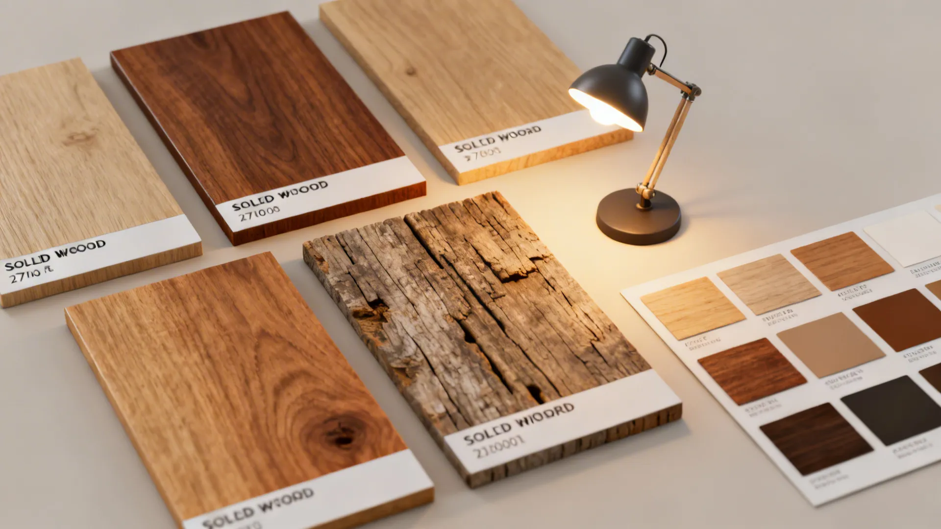 Wood material samples on table with small black desk lamp and a color sample sheet