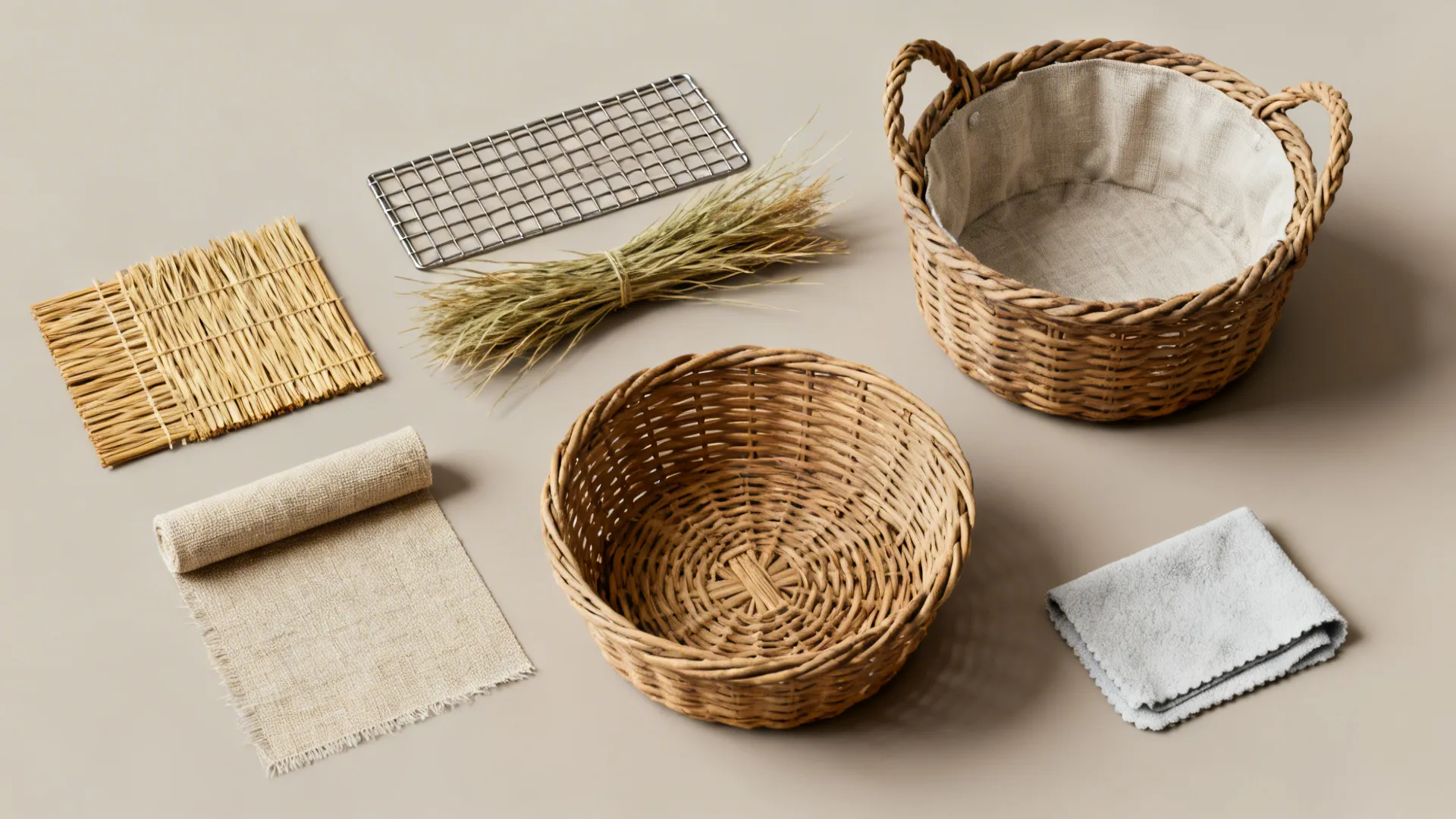 Flatlay of material samples and care items for different basket types, showing textures and cleaning tools.