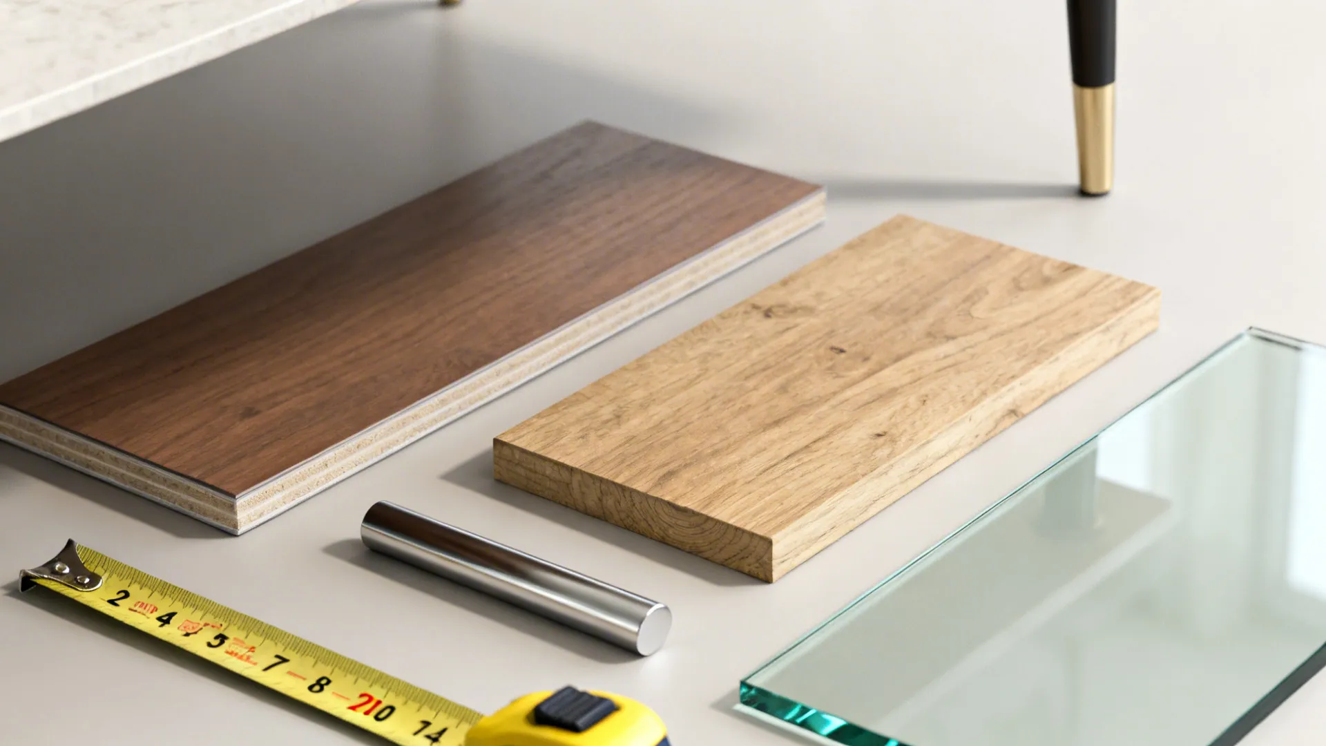 Flatlay of material swatches and a tape measure illustrating coffee table depth and finish options