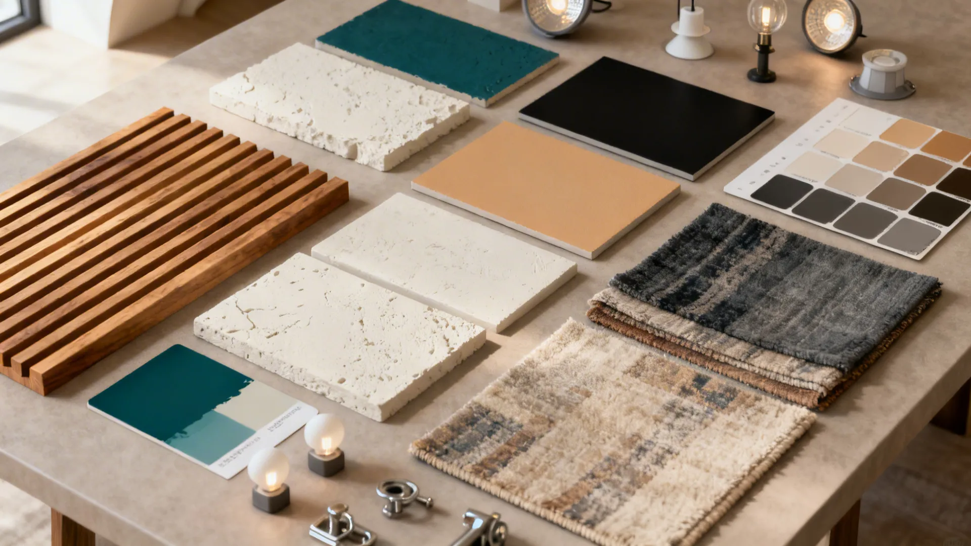 Flatlay of wood, plaster, paint and fabric samples for designing a vaulted ceiling feature wall.