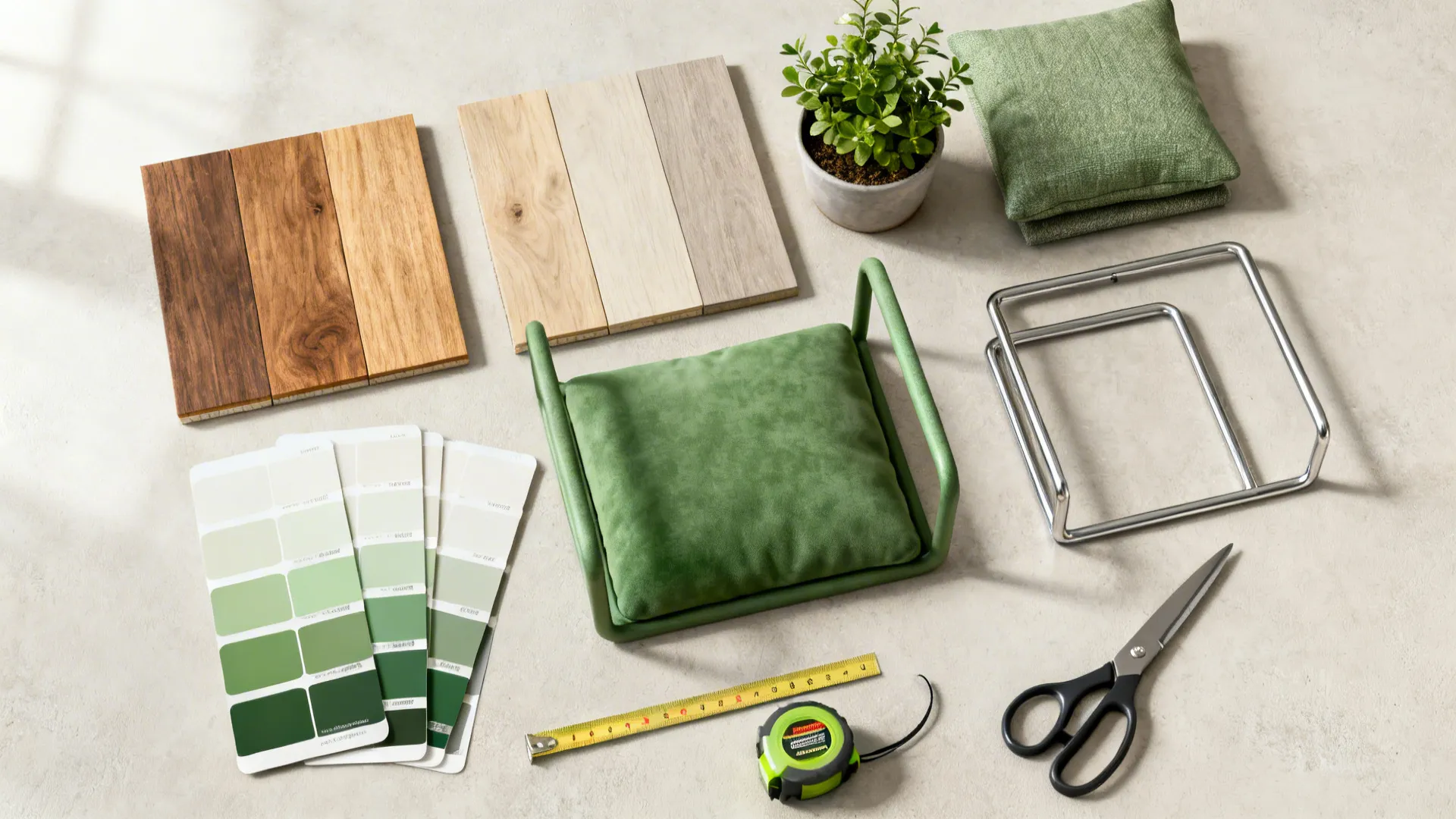 Interior design materials including wood floor samples green pillows paint colors and home decor tools