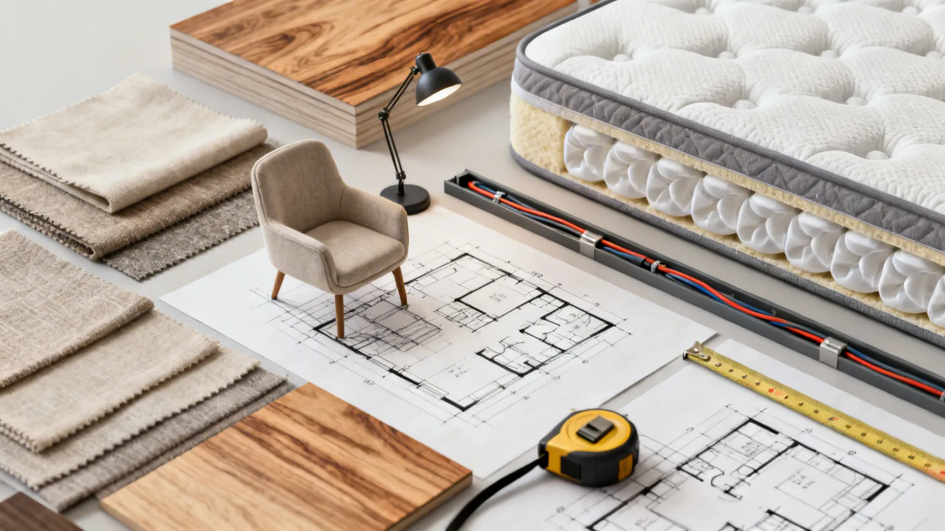 Interior design drawing with fabric samples wood floor mattress section armchair and yellow tape measure