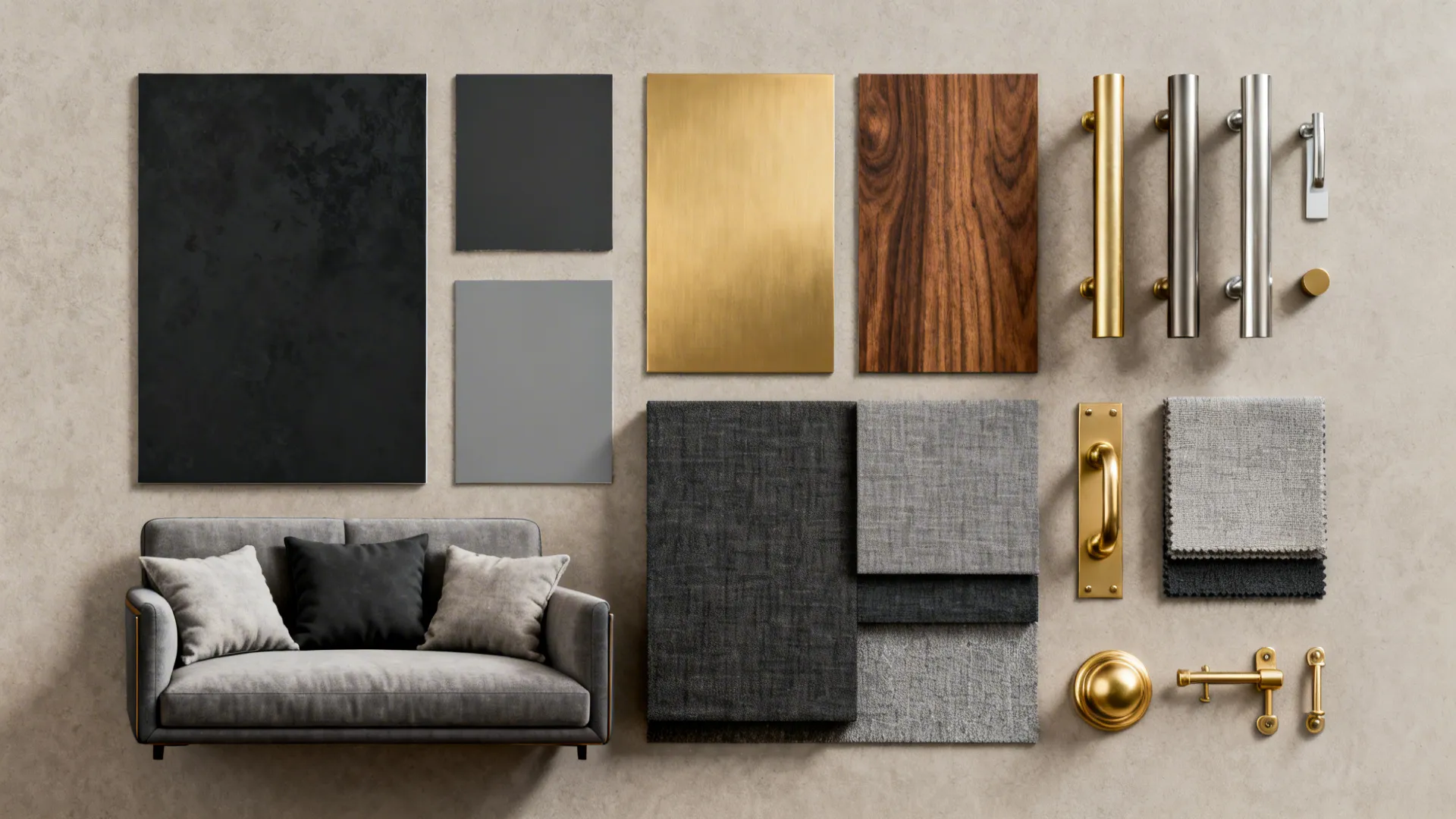 Flatlay of paint swatches, fabric samples, wood veneer and metal finishes for a black-gray-gold palette