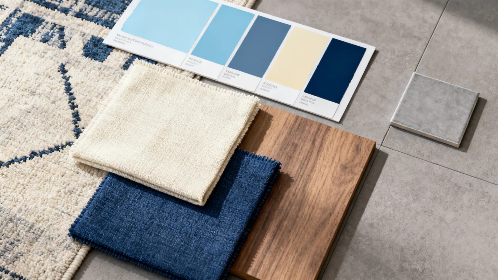 Flatlay of paint and fabric samples for a blue-and-cream living room palette
