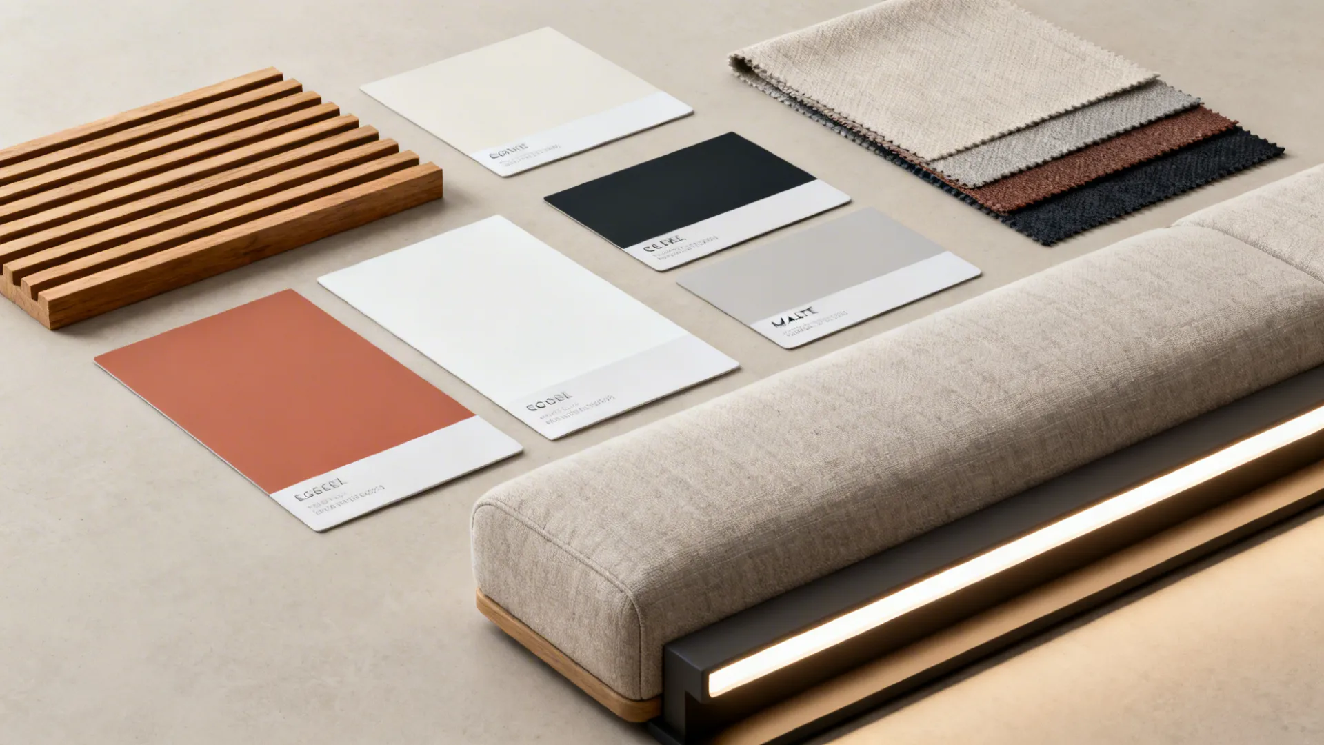 Flatlay of paint swatches, wood slat sample, fabric and lighting samples for a vaulted living room