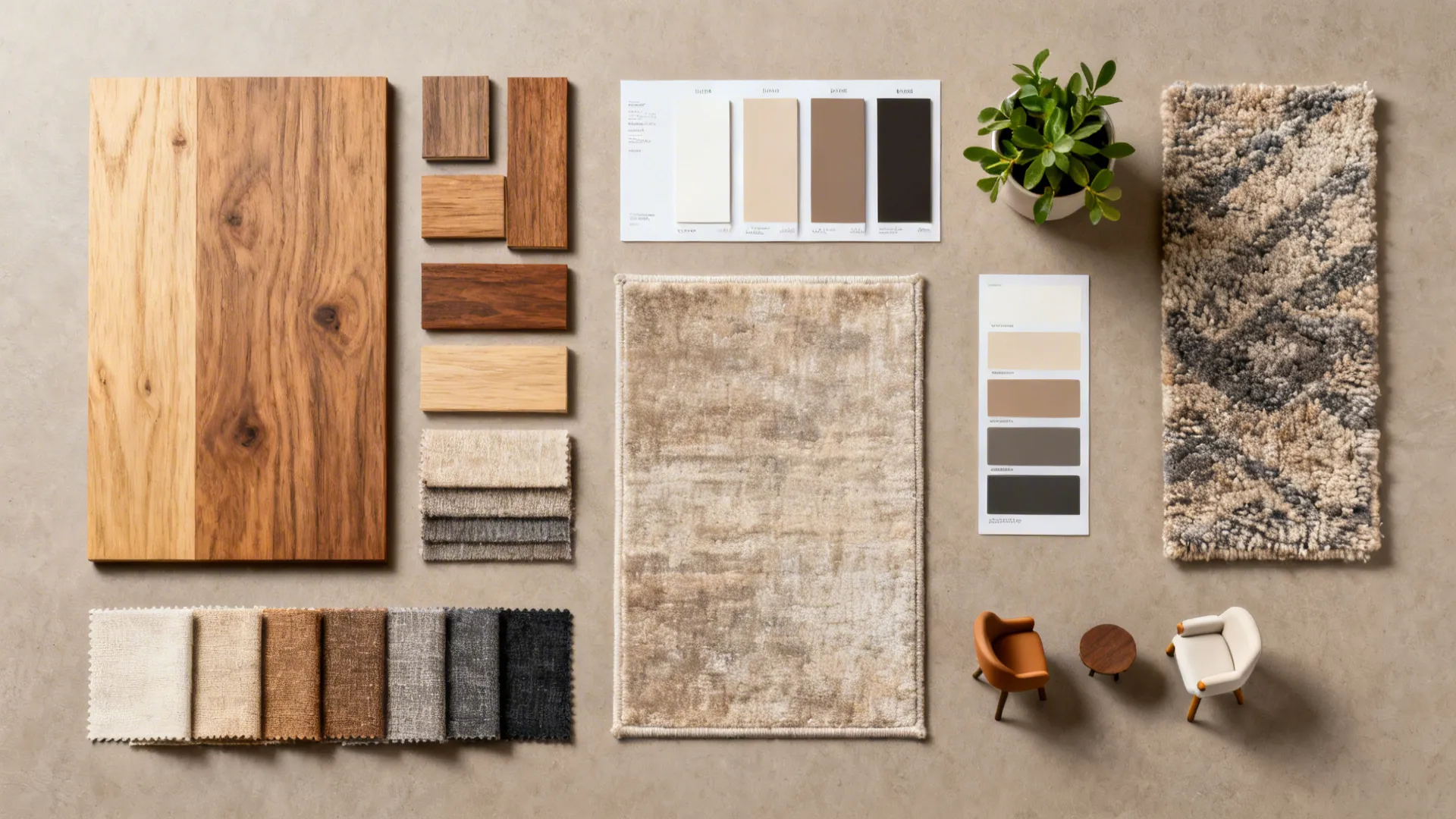 Top-down flatlay of material samples, fabric swatches, and paint chips for open-plan living-dining design.