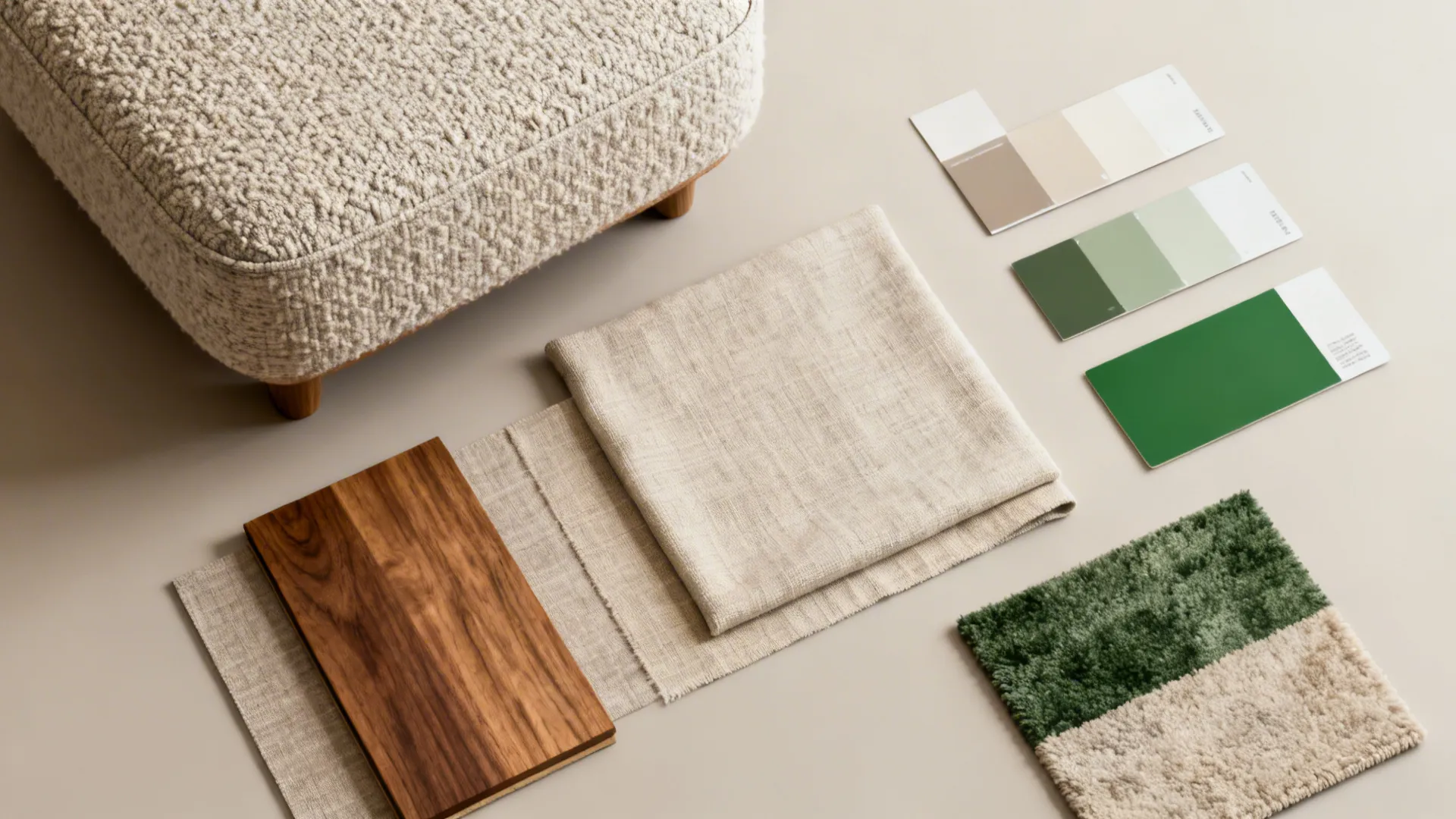 Flatlay of fabric and finish samples for furnishing a coffee-table-free living room.