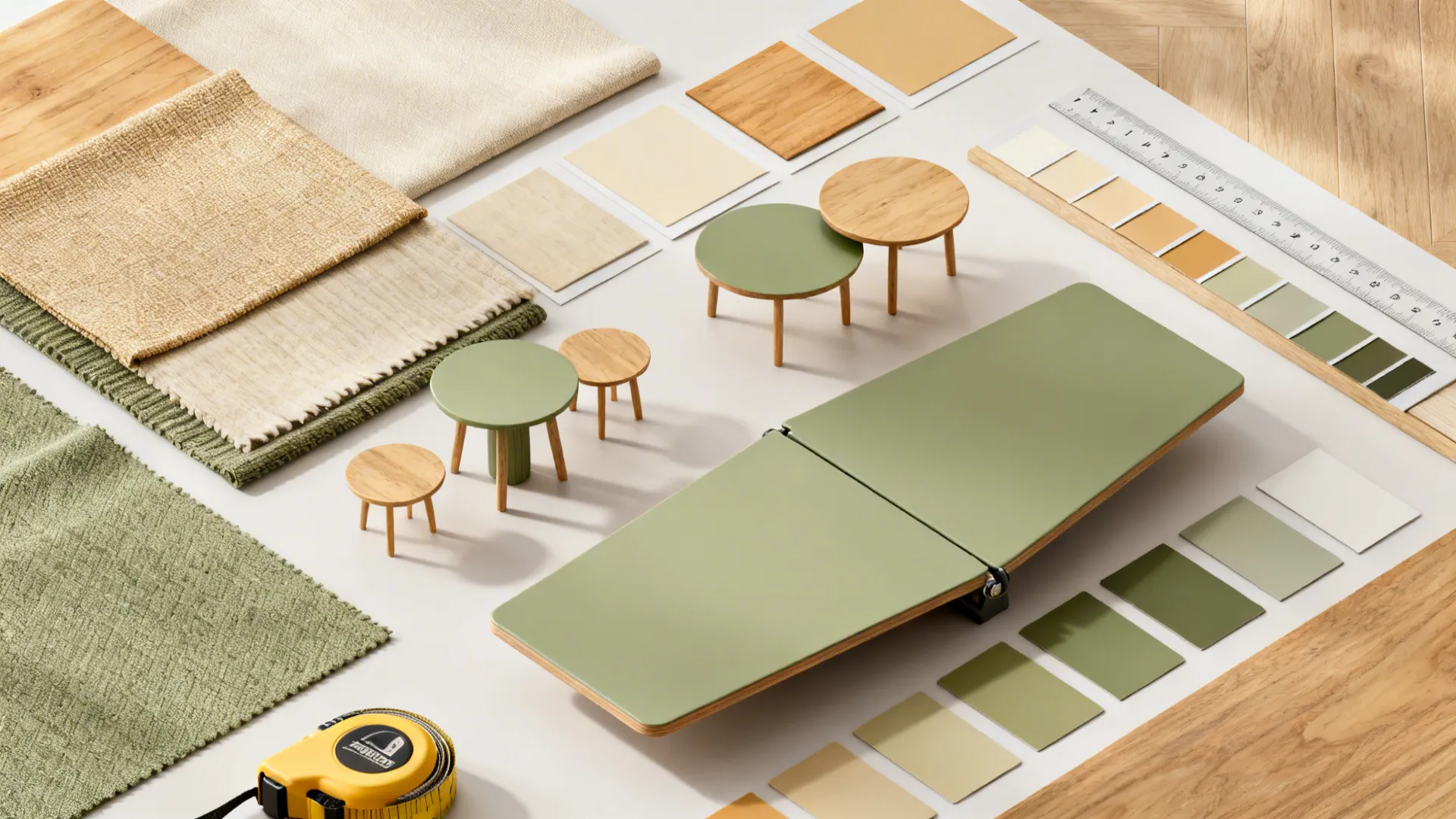 Interior design material board with fabric samples wood tiles color swatches and small furniture models