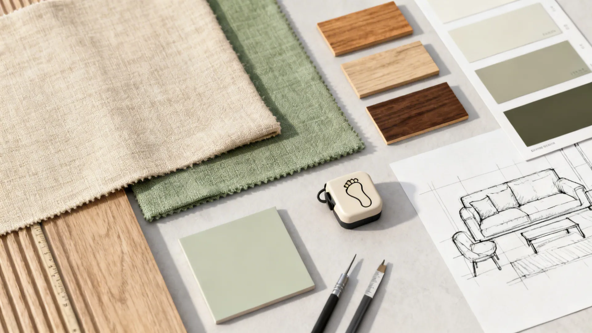 Interior design mood board with fabric swatches wood samples color palette and hand drawn sofa sketch