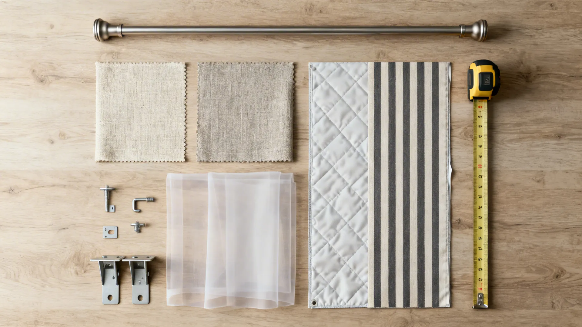 Flatlay of curtain fabric swatches, lining sample, hardware and tape measure for short curtains.
