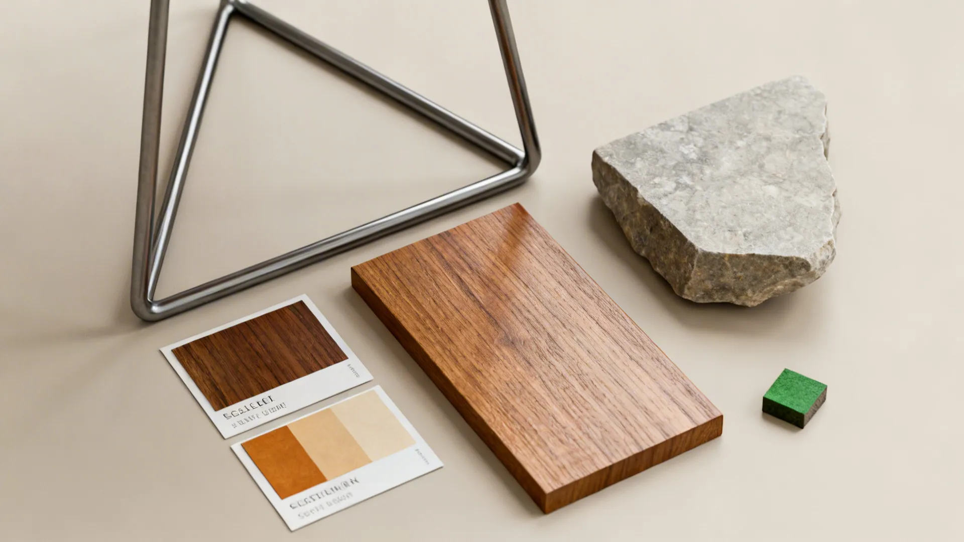 Material flatlay with metal, sealed wood, and stone samples for triangle end tables.