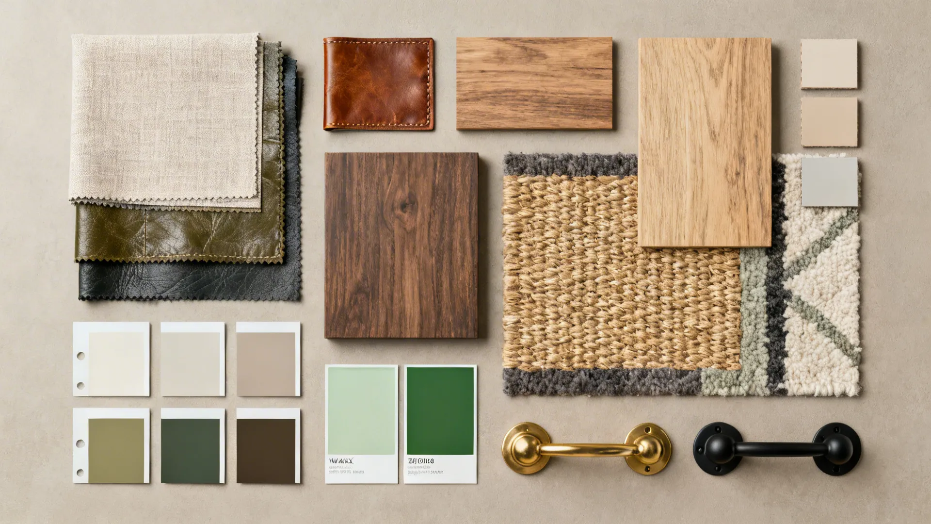 Top-down material flatlay of fabrics, wood samples, rug swatches and hardware for a farmhouse palette.