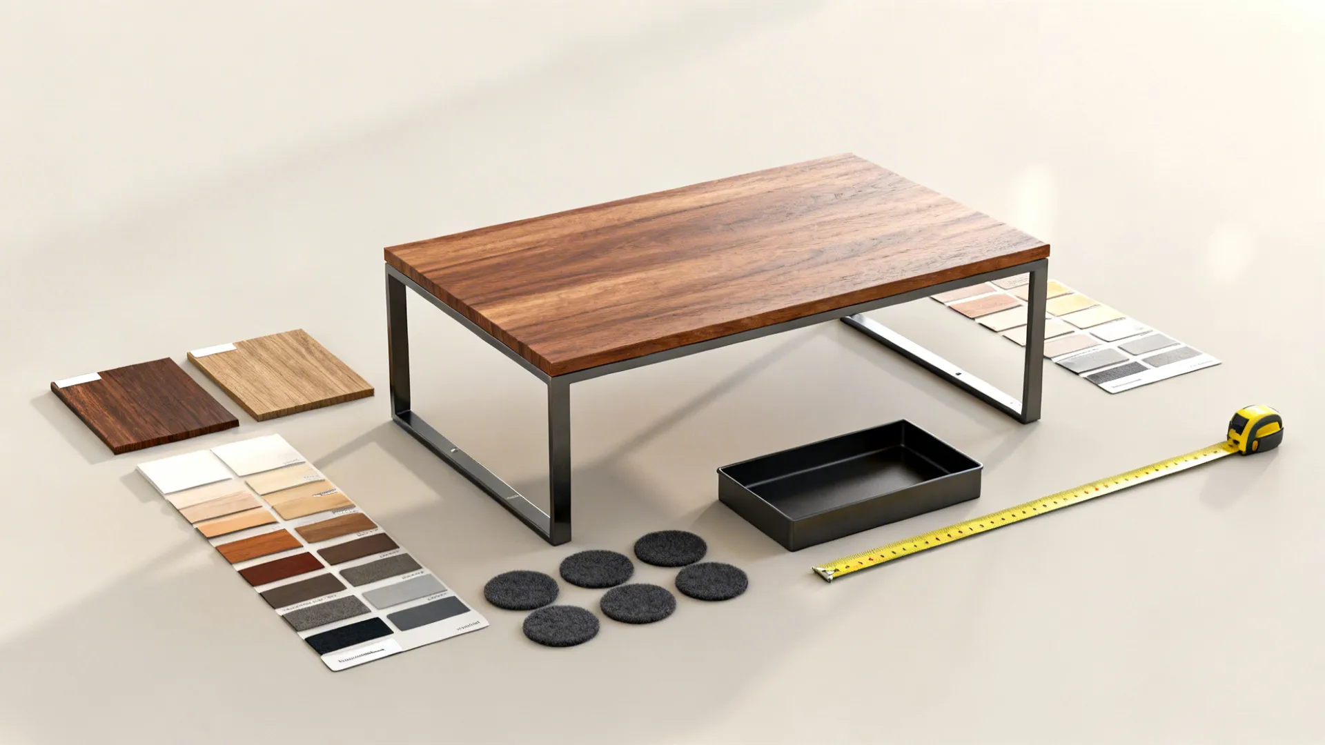 Flatlay of wood and metal samples, felt pads, tray and measuring tape for end table planning