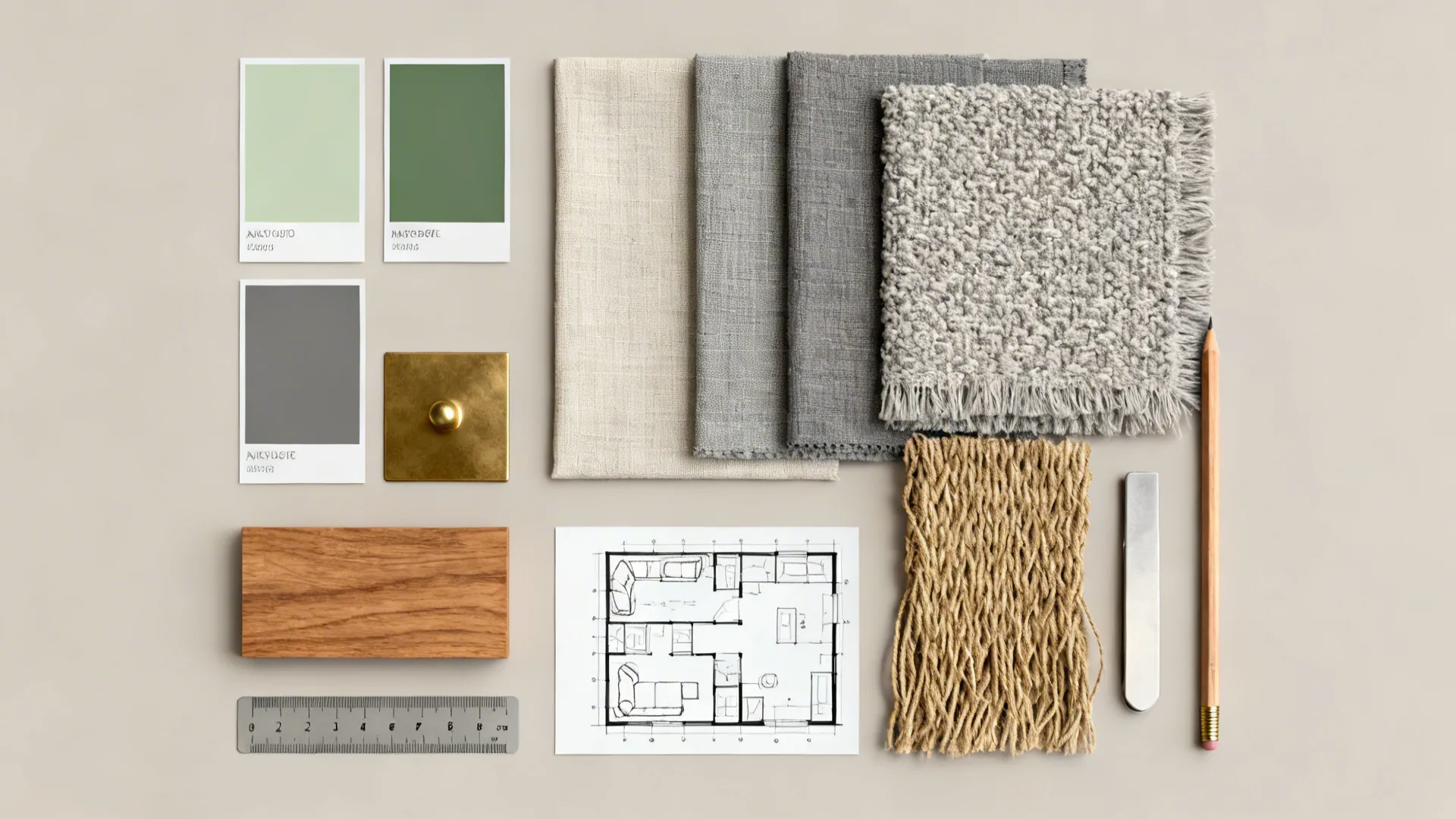 Interior design mood board with fabric samples paint swatches floor plan drawing wood and ruler