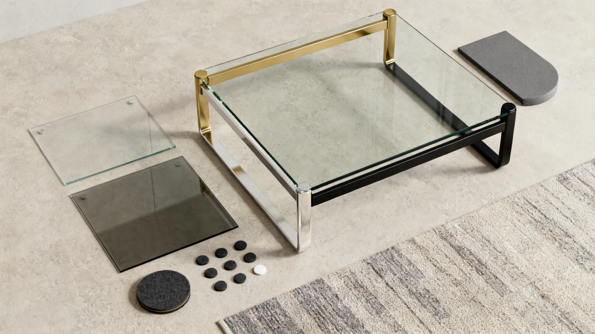 Flatlay of glass samples, metal finishes, anti-slip pads and rug swatch for coffee table planning.