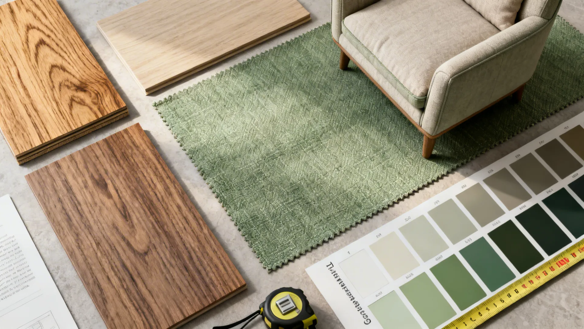 Flatlay of wood and fabric swatches with measuring tape for choosing a coffee table
