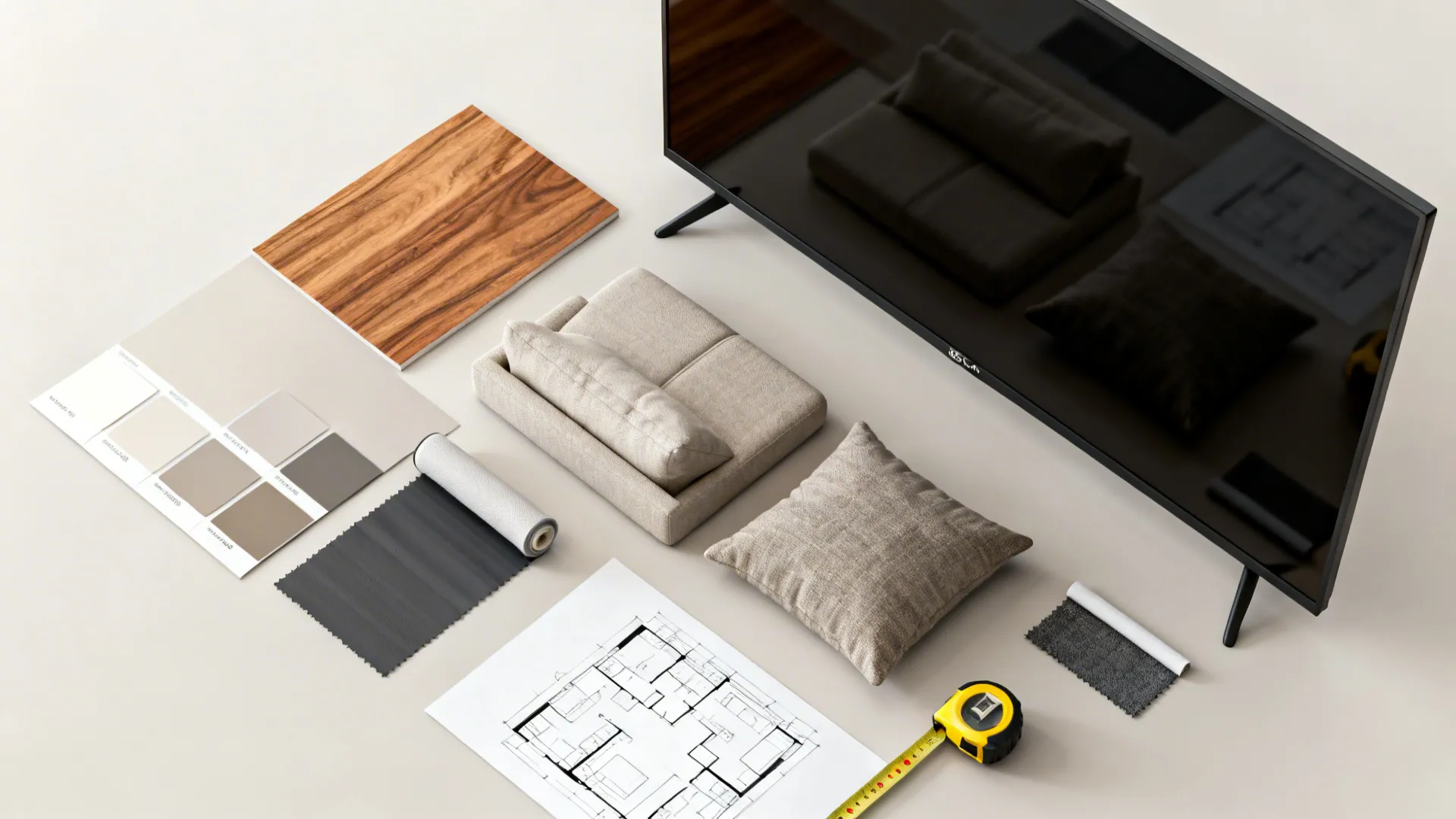 Flatlay of wood, paint, fabric samples and a floorplan sketch for designing around a 65-inch TV.