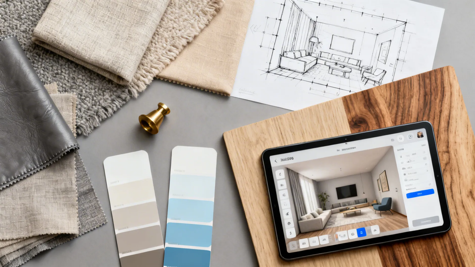 Flatlay of fabric swatches, paint chips and wood samples for styling a grey living room.