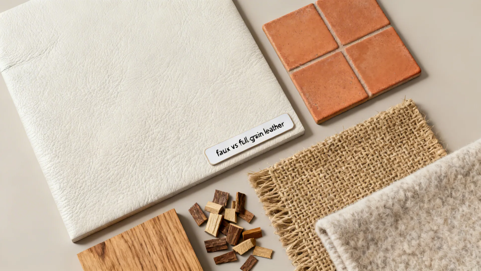Material flatlay showing textured leather, wood chips, terracotta tile and fabric samples for styling a white leather sofa