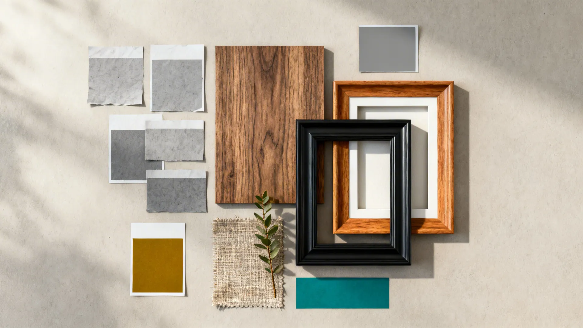 Flatlay of grey paint chips, wood and frame samples and fabric swatches