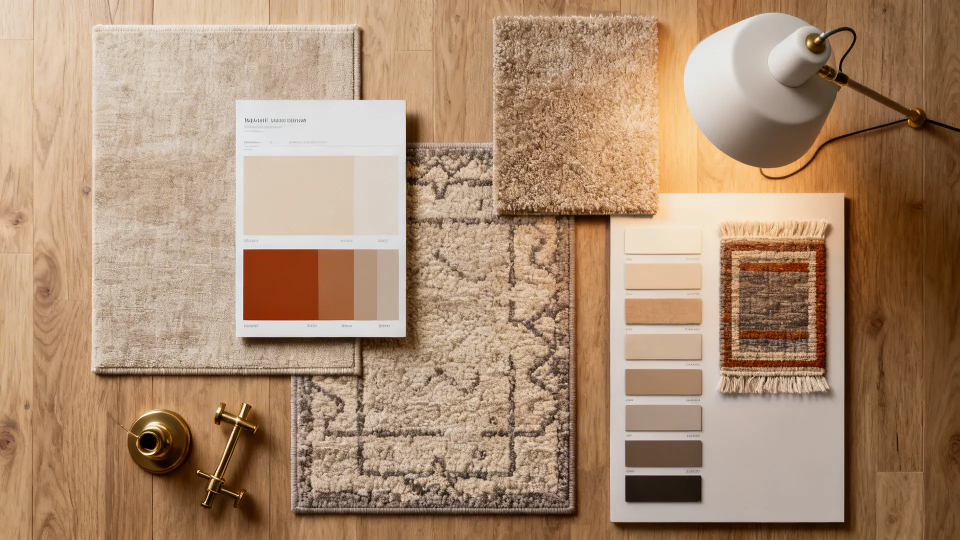 Flatlay of rug and fabric swatches, lamp samples and a lighting moodboard