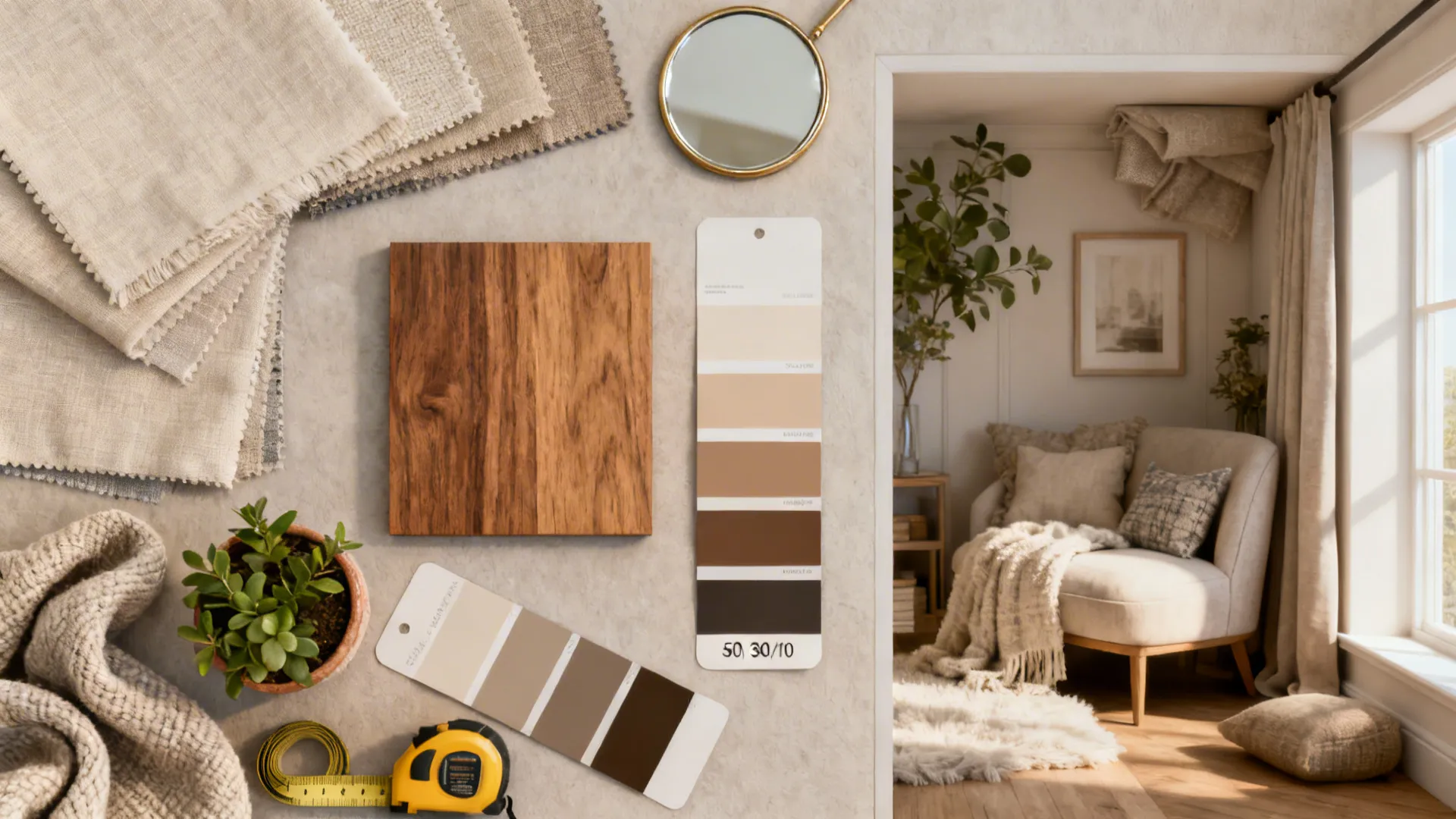 Flatlay of neutral fabric swatches, wood sample, color chips and tape measure for room planning