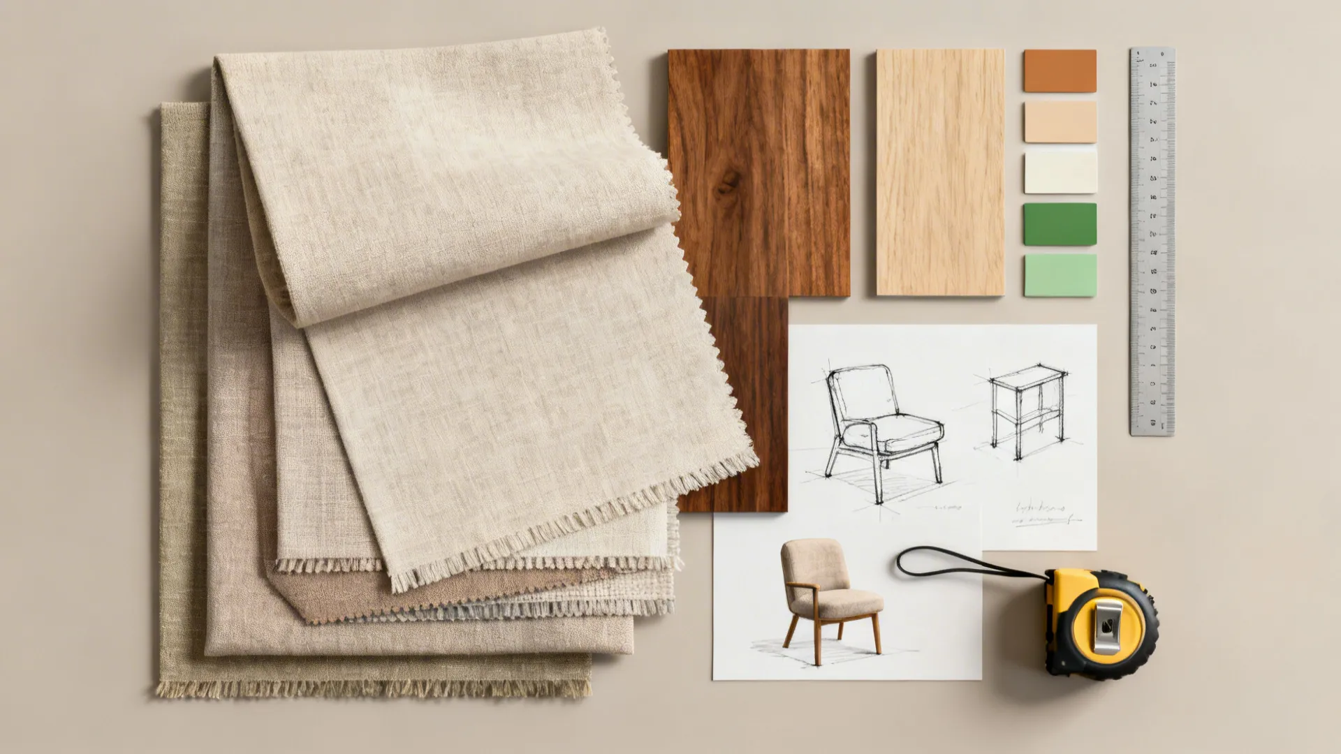 Material flatlay with fabric swatches, wood samples and paint chips for small living rooms