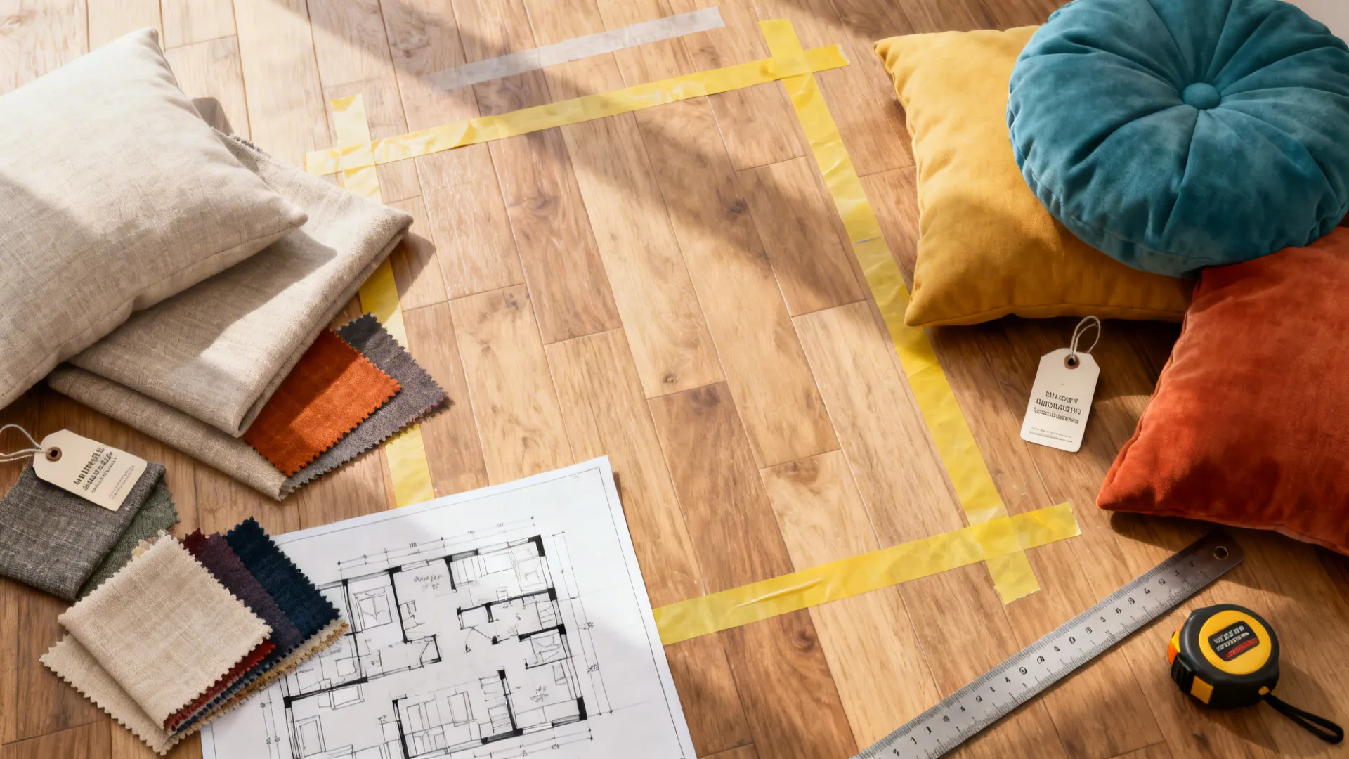 Wood floor with yellow tape outline next to floor plan drawing and colorful pillow cushions