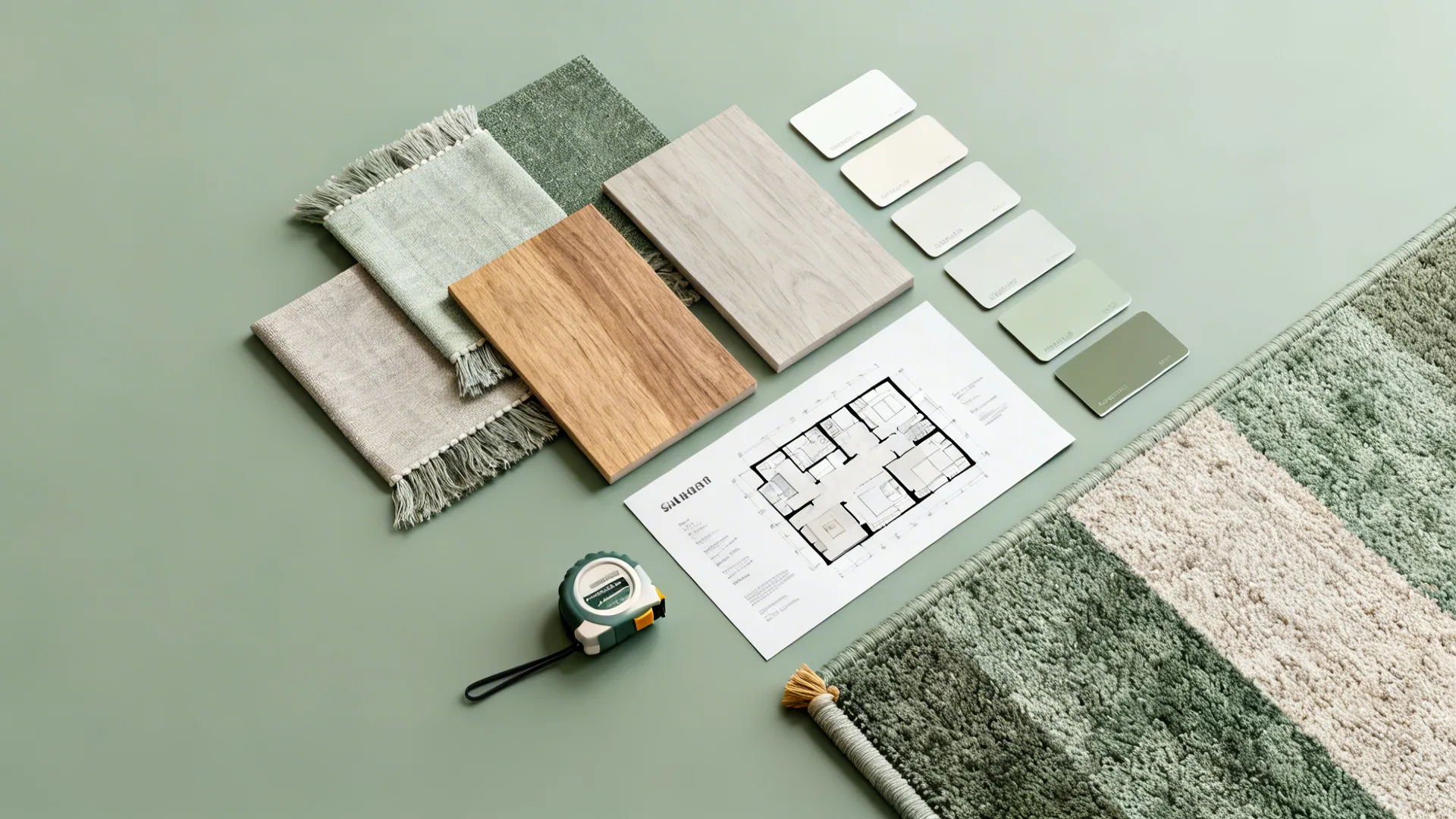 Flatlay of fabric swatches, paint chips, and floor plan for small living room planning