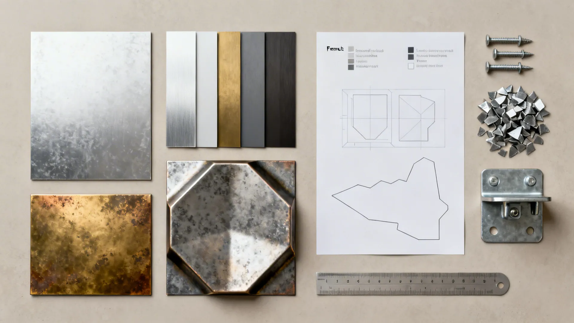 Flatlay of metal samples, mounting anchors, and paper mockups for planning 3D wall art installations.