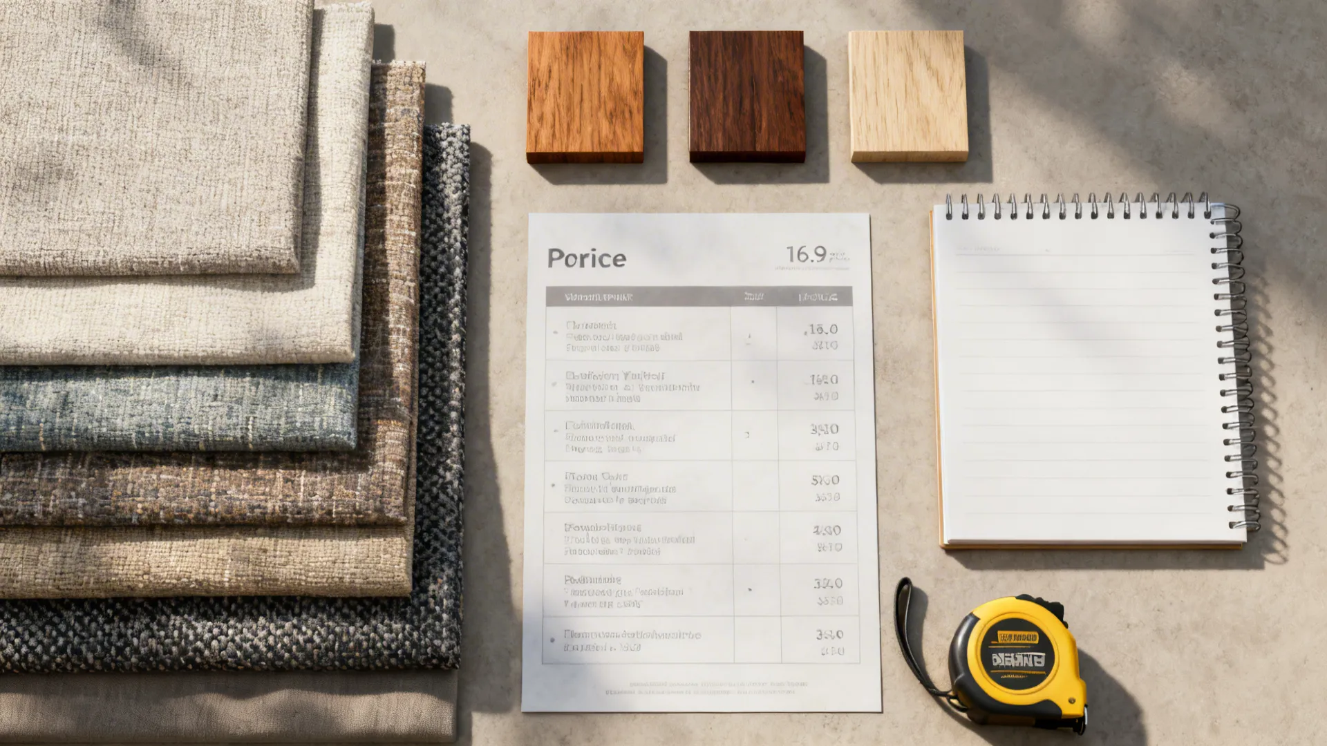 Flatlay of upholstery swatches, wood samples, measuring tape and a price checklist.