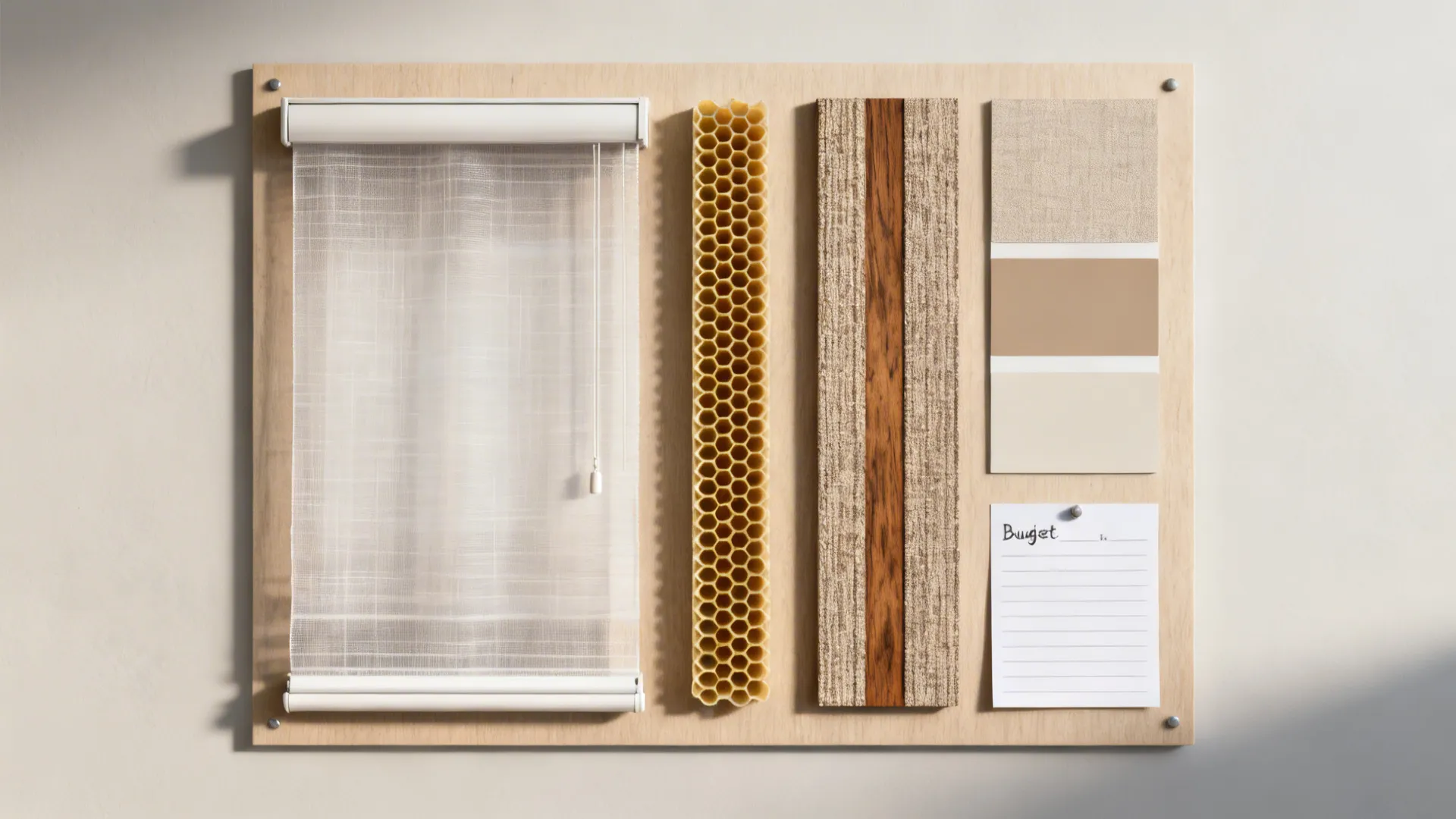 Flatlay of fabric and material swatches for selecting blinds in a cohesive small living room palette.