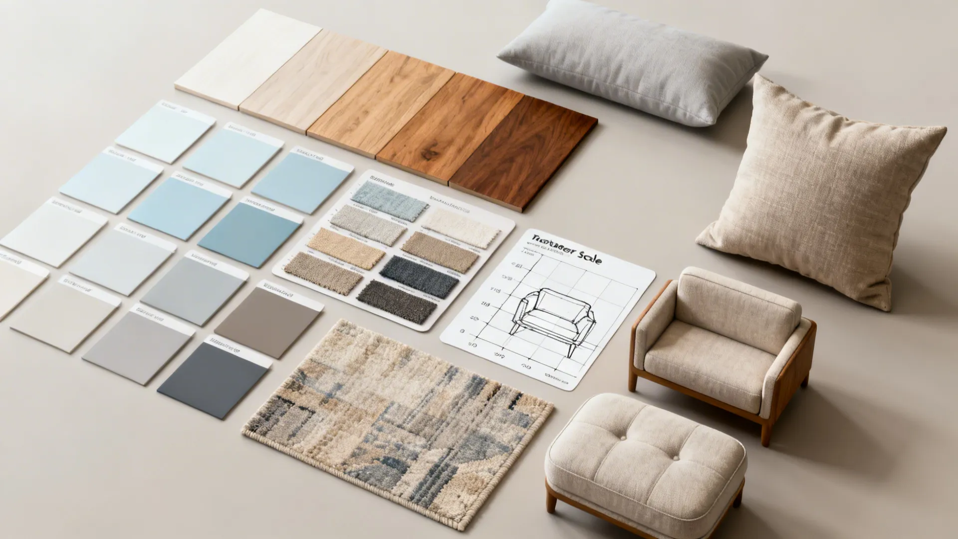 Material and color swatches for small living room design including fabric chips and wood samples.
