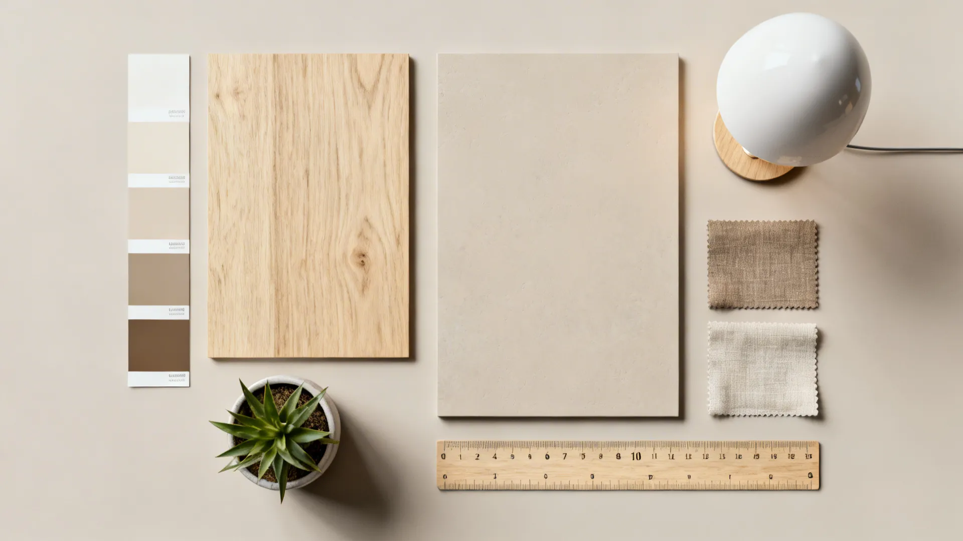 Top-down material flatlay of wood, fabric and paint samples for corner design planning.