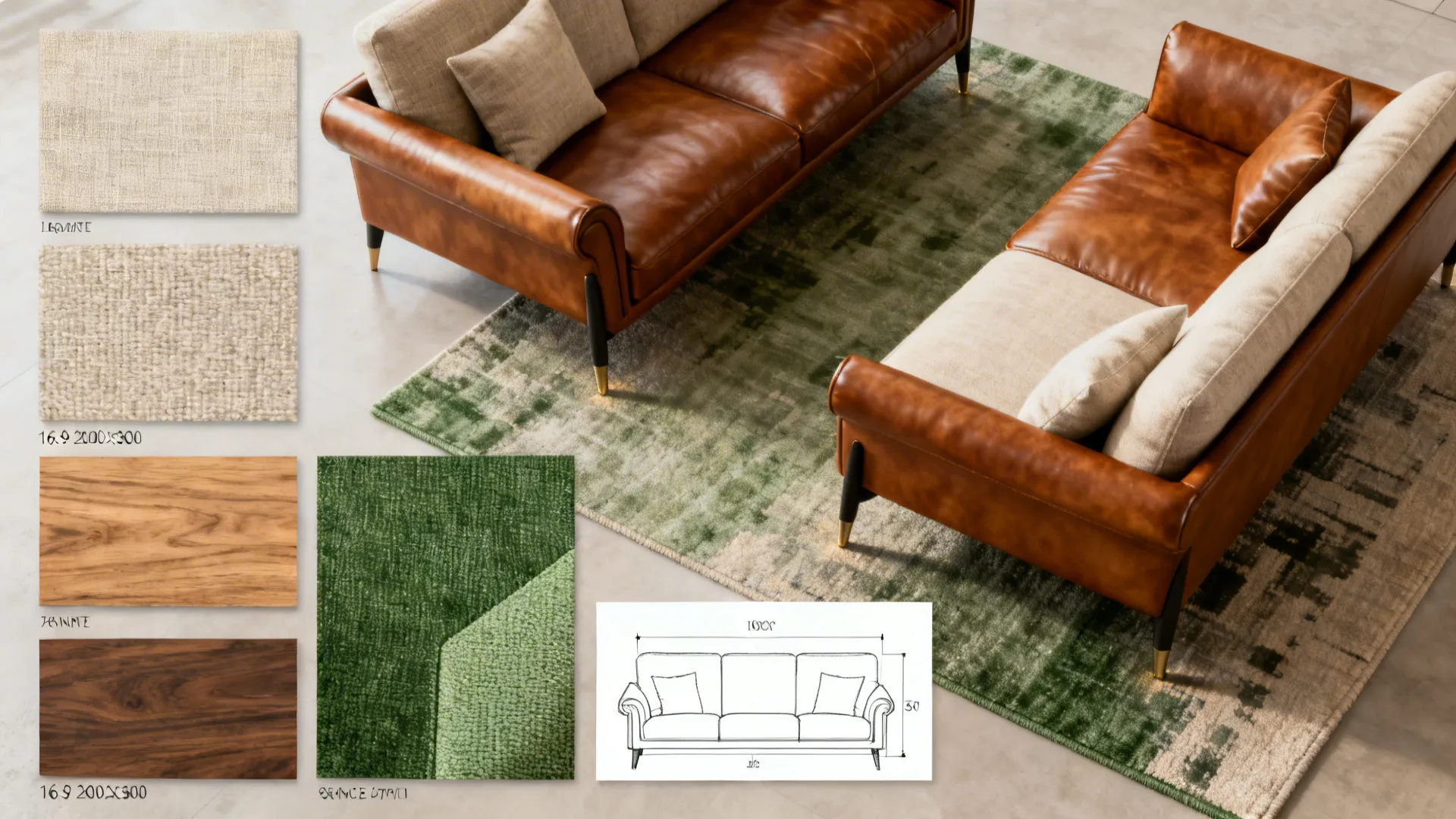 Top-down flatlay of fabric swatches, wood samples, and rug texture for a two-sofa layout.