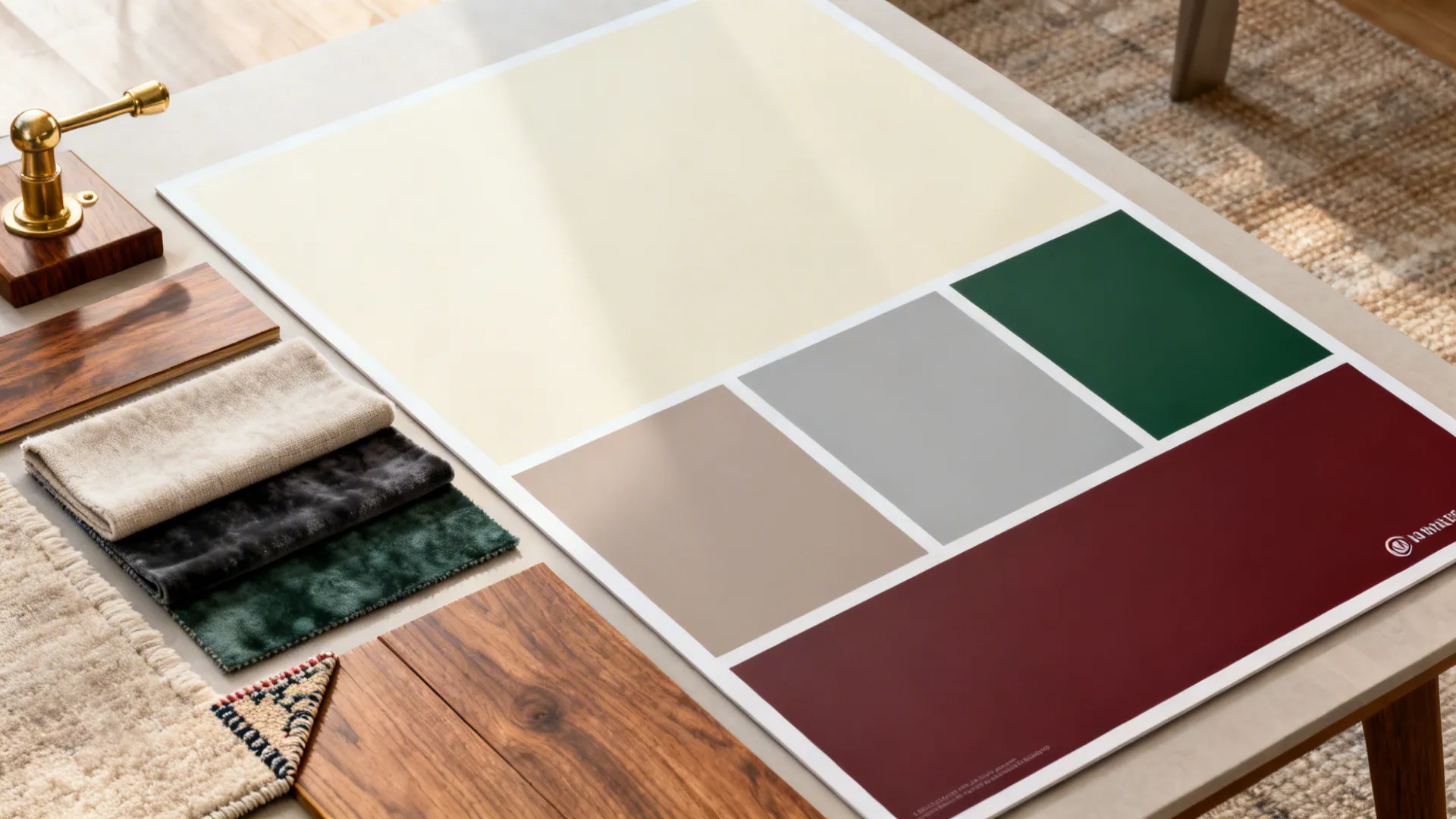 Flatlay of color swatches, wood and textile samples for a warm traditional living room palette.