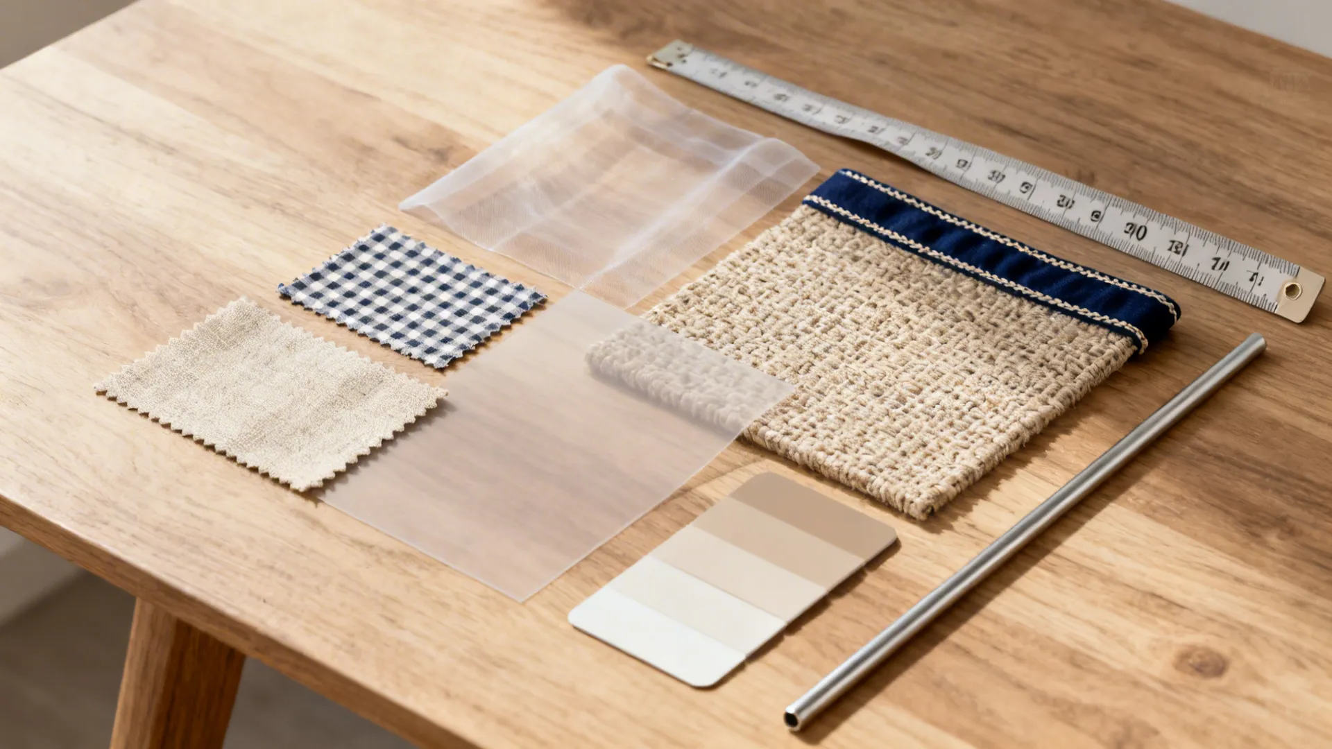 Fabric swatches with a ruler and color palette card on a natural wooden table top