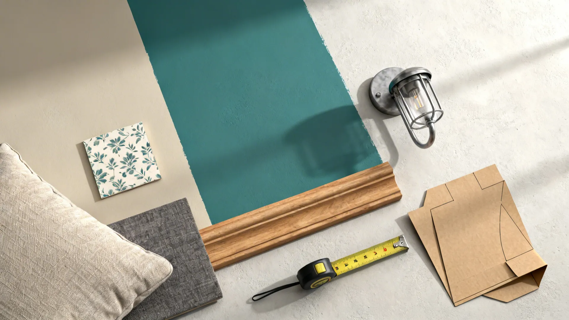 Flatlay of paint, wallpaper, fabric swatches, and templates for designing angled wall solutions.
