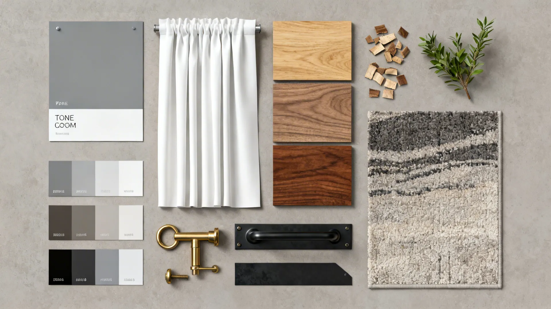 Interior design material board with wood samples gray paint swatches white curtain and metal hardware