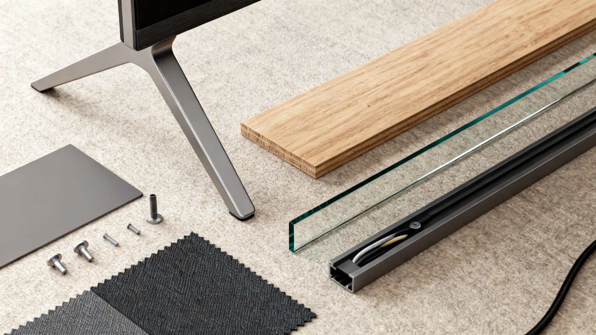 Flatlay of material samples: metal, engineered wood, tempered glass and cable channels for TV stands